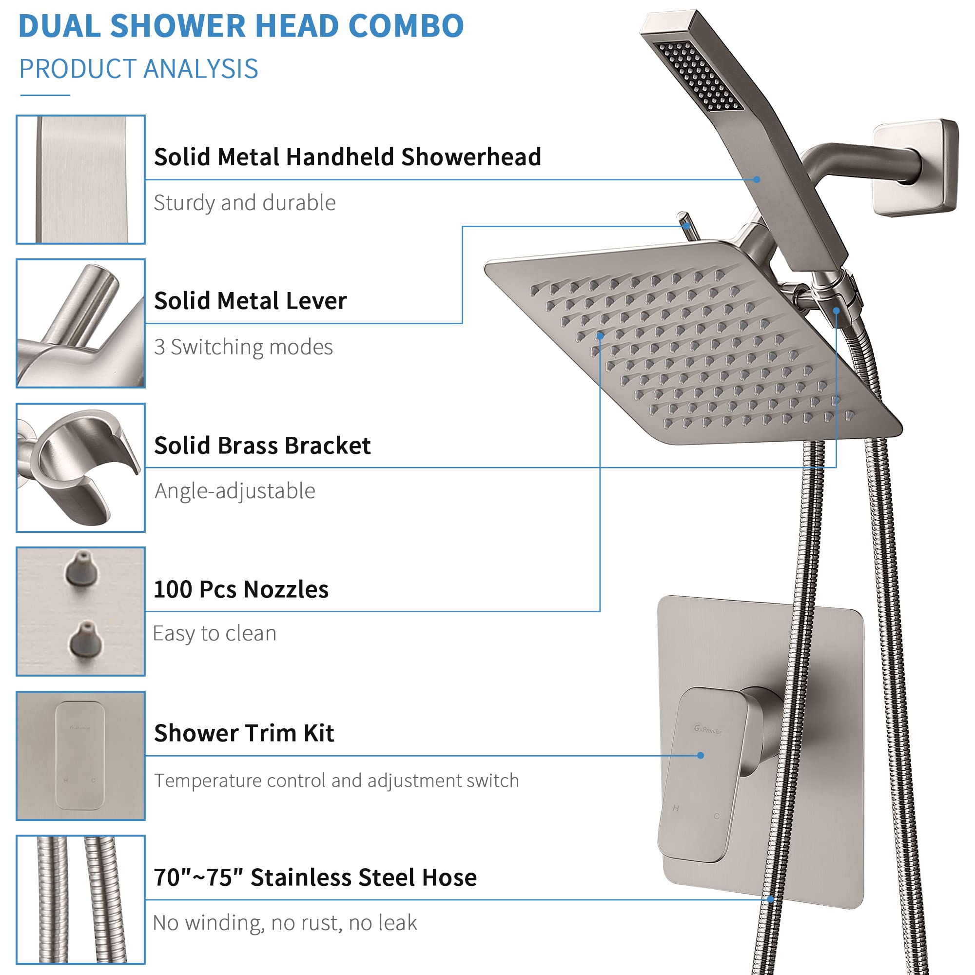 Premium All-Metal Shower Faucet Set - Dual Square Shower Head System with Handheld Spray Wand & Rainfall Showerhead, Diverter Valve, 60