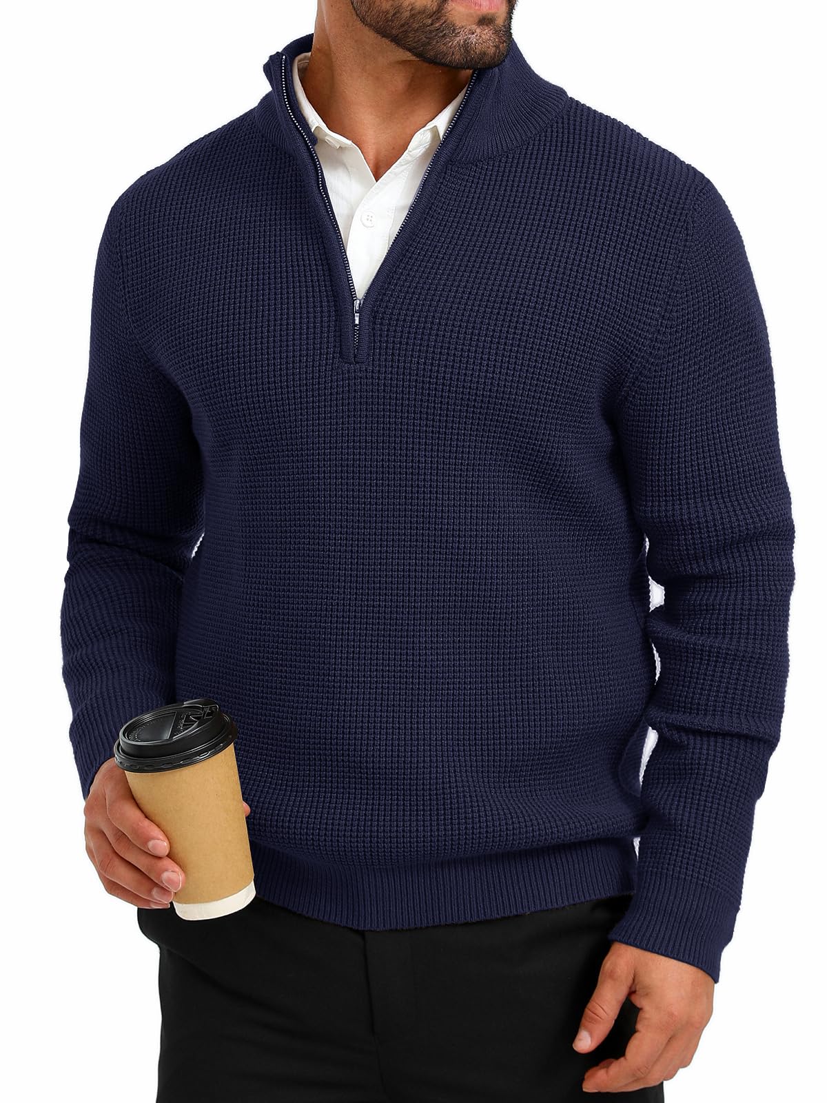 ALLOVIN Men's Quarter Zip Sweater - Waffle Knit 1/4 Zip Mock Neck Long Sleeve Pullover for Fall & Winter | Casual Office Wear, Outdoor Activities, Layering Essential