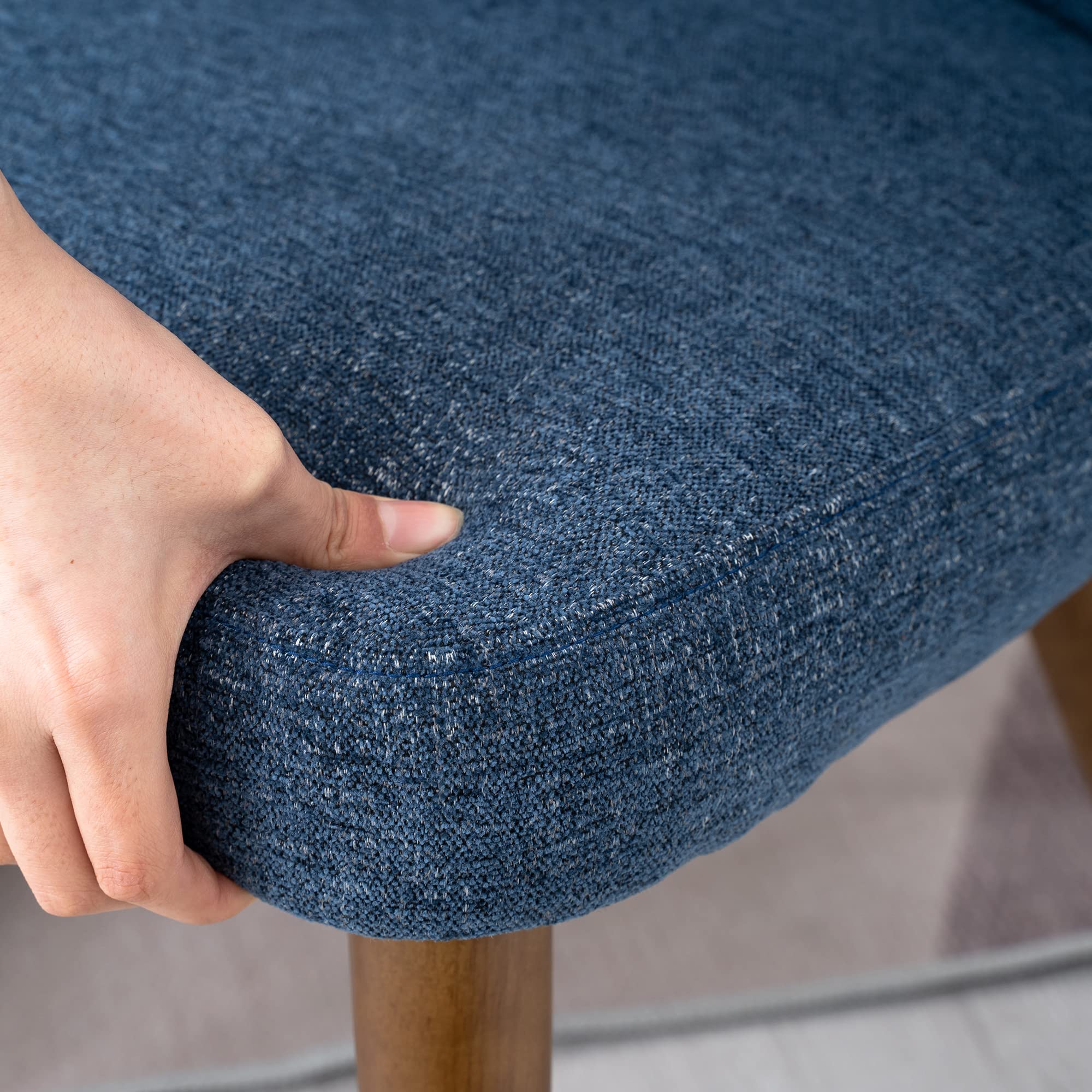 Mid Century Modern Dining Chairs Set of 2 - Upholstered Curved Wingback Accent Arm Chairs with Solid Wood Legs in Navy Blue Linen Fabric - Perfect for Dining Room, Living Room or Office Decor