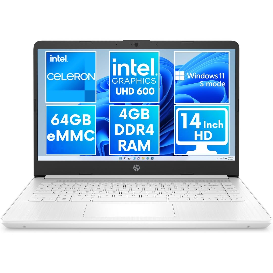 HP 14 Inch HD Laptop - Intel Celeron N4120, 4GB DDR4 RAM, 64GB eMMC, UHD Graphics 600 - Snow White (Renewed) | Perfect for Remote Work, Online Classes & Home Office