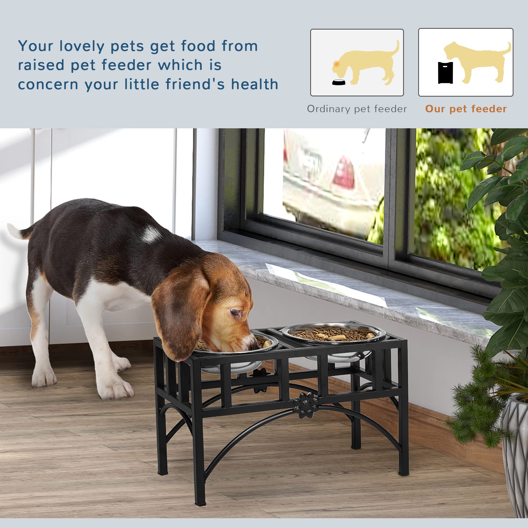 **PawHut Elevated Double Stainless Steel Dog Bowls - Heavy Duty Raised Pet Food & Water Dish - 10.5