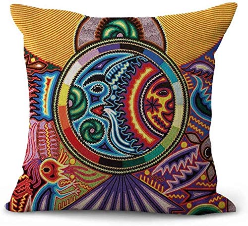 ArtSocket Set of 4 Linen Throw Pillow Covers 20x20 Inches - Mexican Huichol Embroidery Square Decorative Pillow Cases for Sofa, Bed & Home Decor | Boho Chic Living Room & Bedroom Accent Pillows