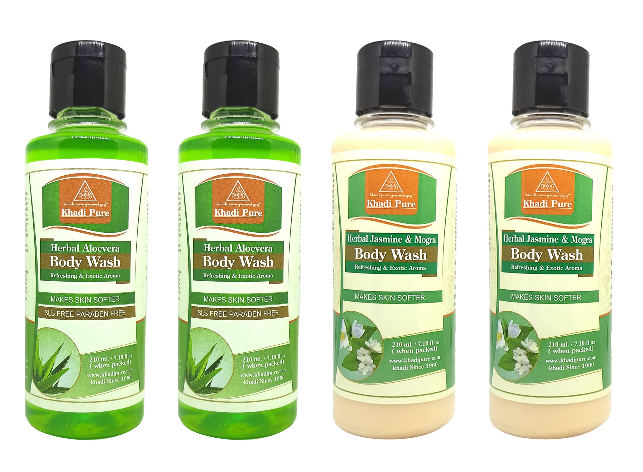 Khadi Pure Aloe Vera & Jasmine Mogra Body Wash - 210ml (Pack of 4) | Sulfate-Free, Natural Ingredients for Soft, Hydrated Skin | Perfect for Daily Shower, Spa Day & Gift Sets