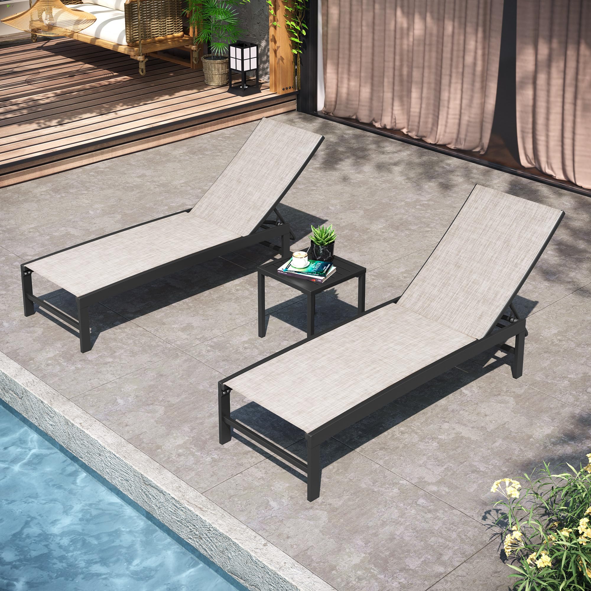 Pellebant Outdoor Lounge Chairs Set of 2 - Adjustable Backrest Patio Chaise Lounges, Rustproof Aluminum Poolside Sunbathing Chairs for Deck, Garden & Beach (2-Piece, Earth Tone) - Perfect for Relaxing by the Pool, Backyard Lounging or Coastal Getaways