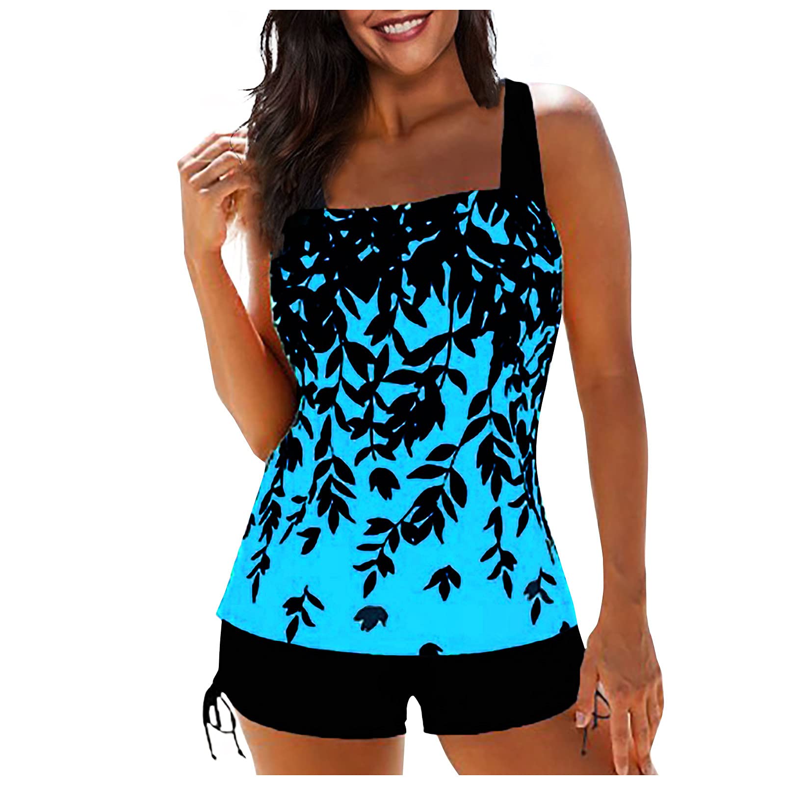 FIRERO Women's Floral Printed Tankini Swimsuits with Suspender & Loose Fit Swim Shorts - 2 Piece Bathing Suit Set for Beach, Pool & Summer Vacation