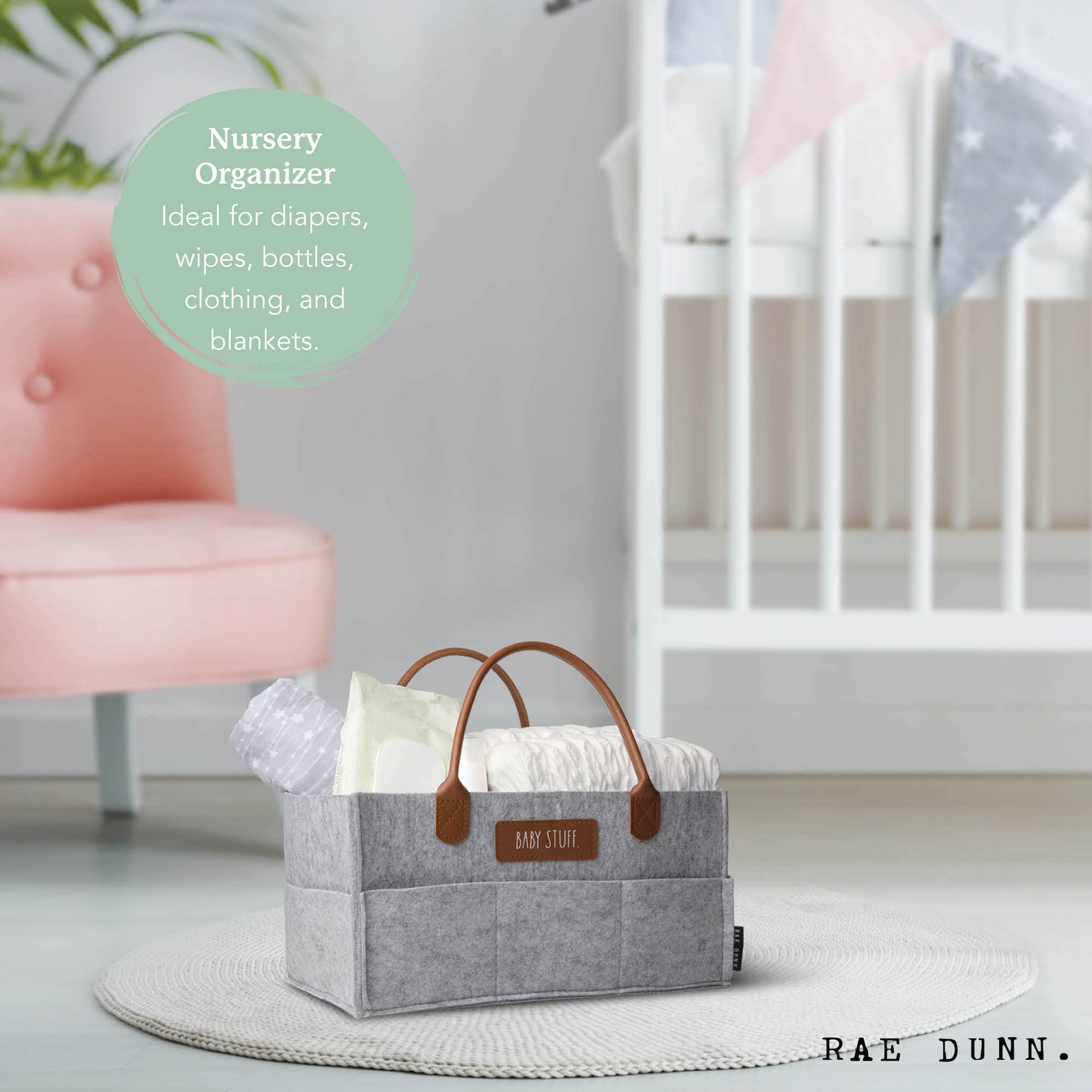 Rae Dunn Baby Diaper Caddy Organizer - Portable Nursery Storage Basket with Leather Handles for Changing Table, Car & Baby Essentials - Perfect Baby Shower Gift & Nursery Organization - Grey Felt Material for Home & Travel Use