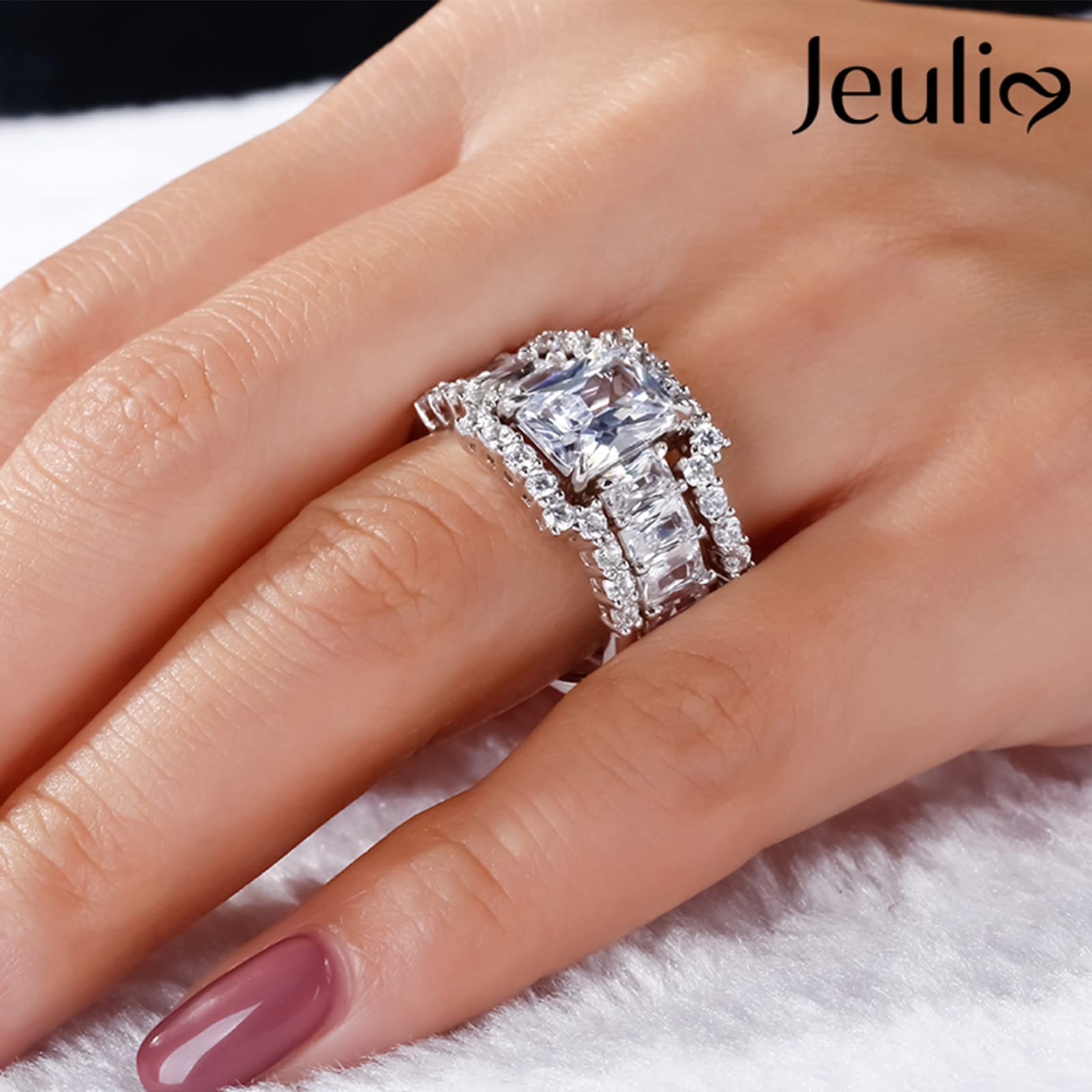Jeulia 3-Piece Wedding Ring Set - 5.2ct Radiant Cut Engagement Ring & Eternity Bands in Sterling Silver with Cubic Zirconia | Bridal Jewelry for Proposals, Weddings & Anniversaries | Perfect Gift for Her