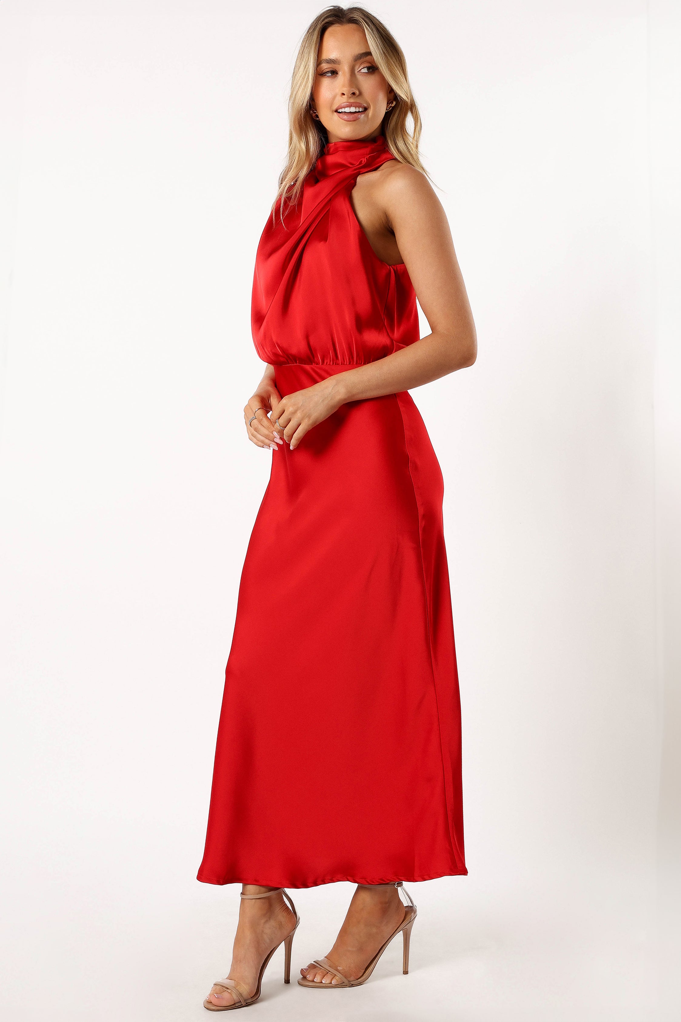 Anabelle Halter Neck Midi Dress - Women's Flowy Summer Dress in Red | Perfect for Beach Vacations, Date Nights & Cocktail Parties