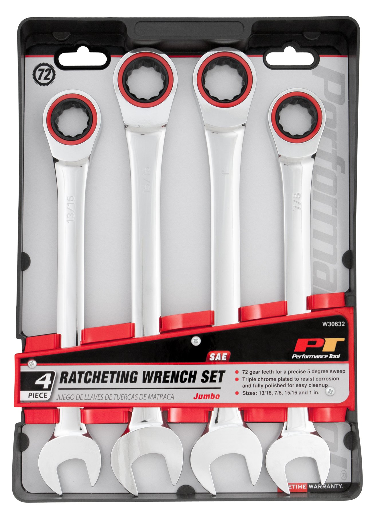 Performance Tool W30632 4-Piece SAE 72 Gear Teeth Ratcheting Wrench Set - Heavy Duty Jumbo Size for Automotive Repair, Machinery Maintenance & DIY Projects