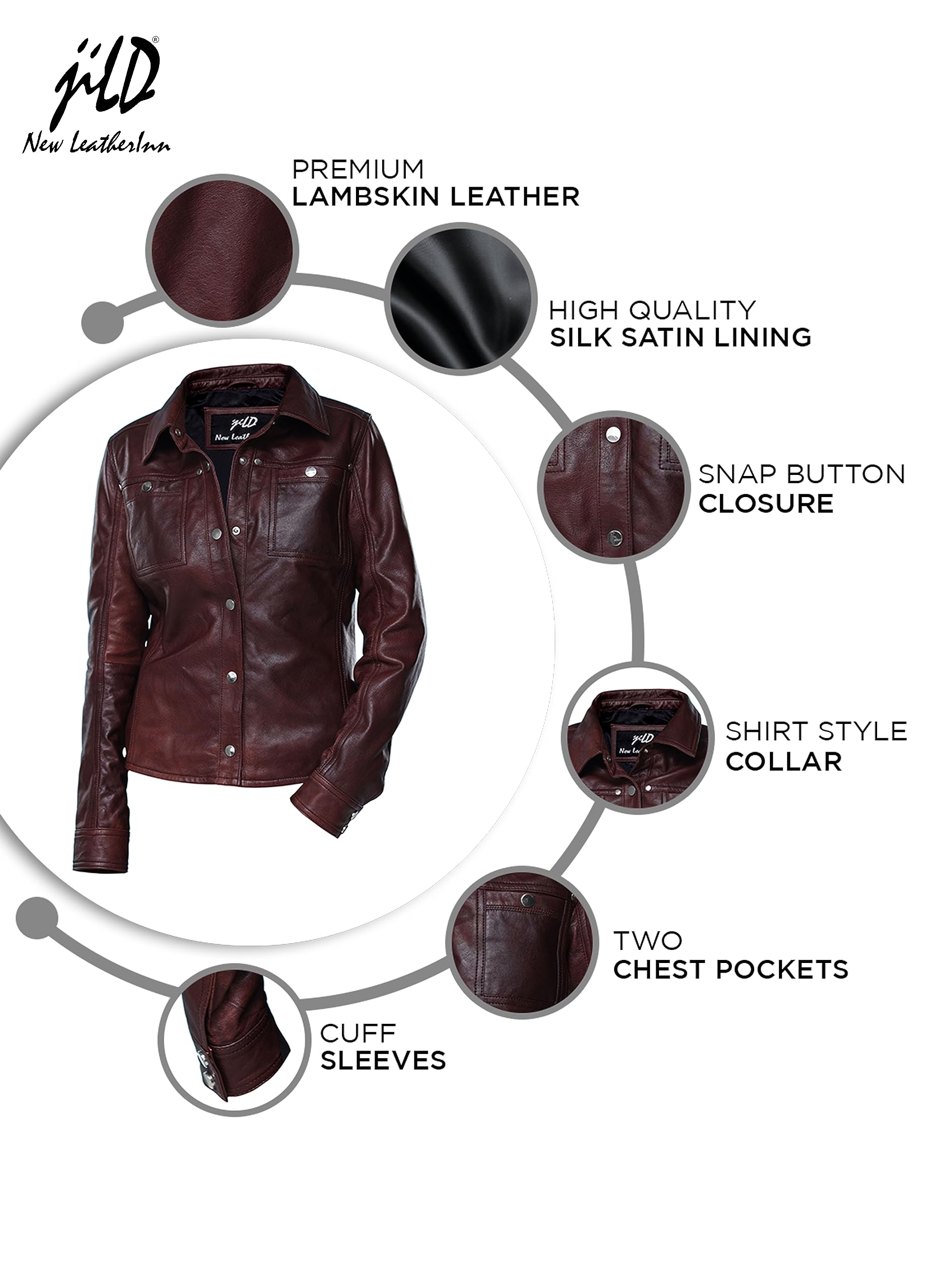Jild Women's Button Front Lambskin Leather Jacket Shacket - Casual Long Sleeve Shirt Jacket with Bust Pocket | Stylish Outerwear for Fall, Winter & Everyday Wear