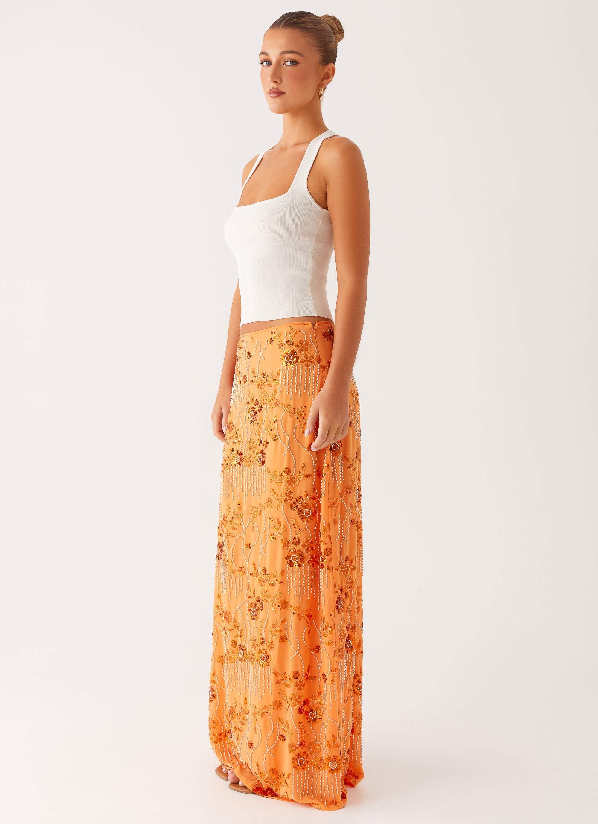Corinna Low Rise Sequin Maxi Skirt - Orange | Glamorous Party Dress for Women | Perfect for Evening Events, Prom, and Special Occasions