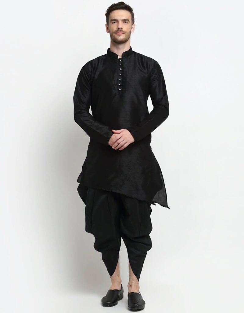 Black Kurta Dupion Silk Dhoti Set for Men - Premium Indian Traditional Wear for Festivals & Weddings