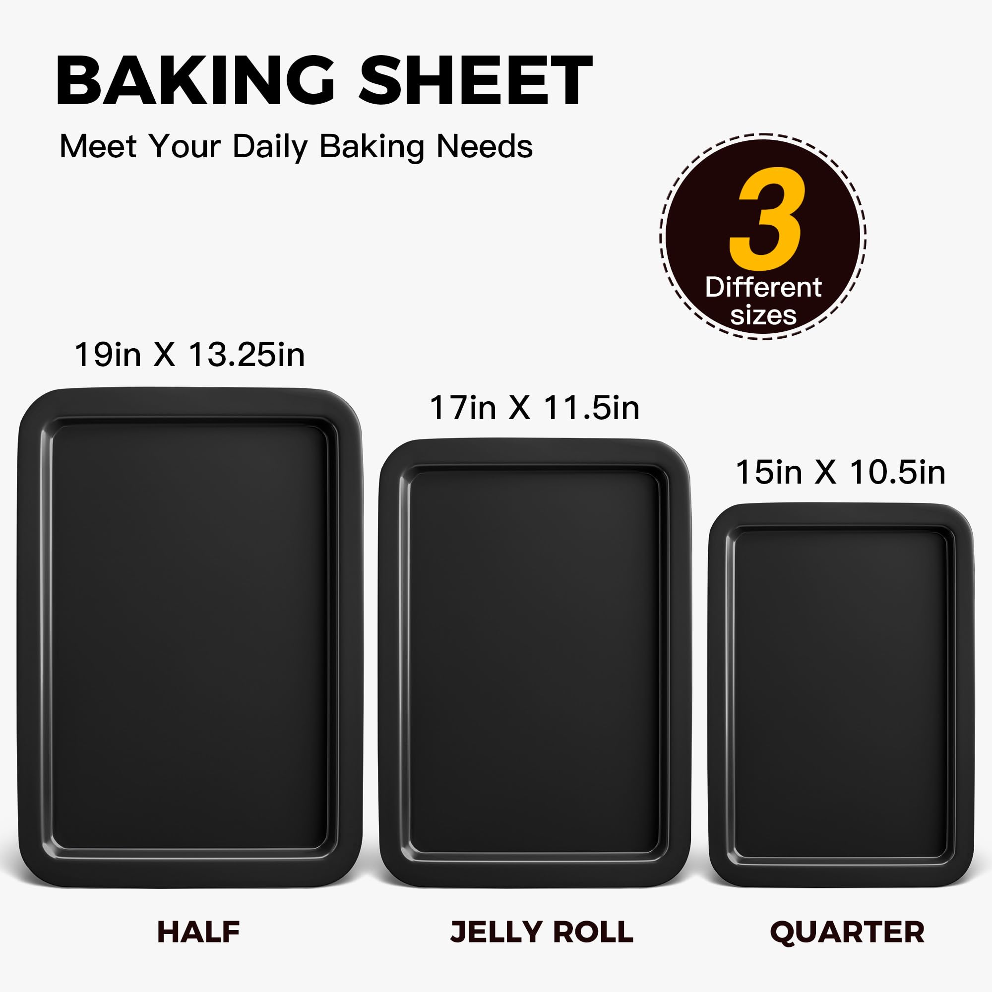 HONGBAKE XL Large Baking Sheet Set - 19x13.25 Inch Nonstick Cookie Sheet Pan, Oven Tray with Wider Grips, 3-Pack Heavy Duty Bakeware, Dishwasher Safe - Dark Grey | Perfect for Cookies, Roasting Vegetables, Baking Pizzas & Sheet Pan Meals