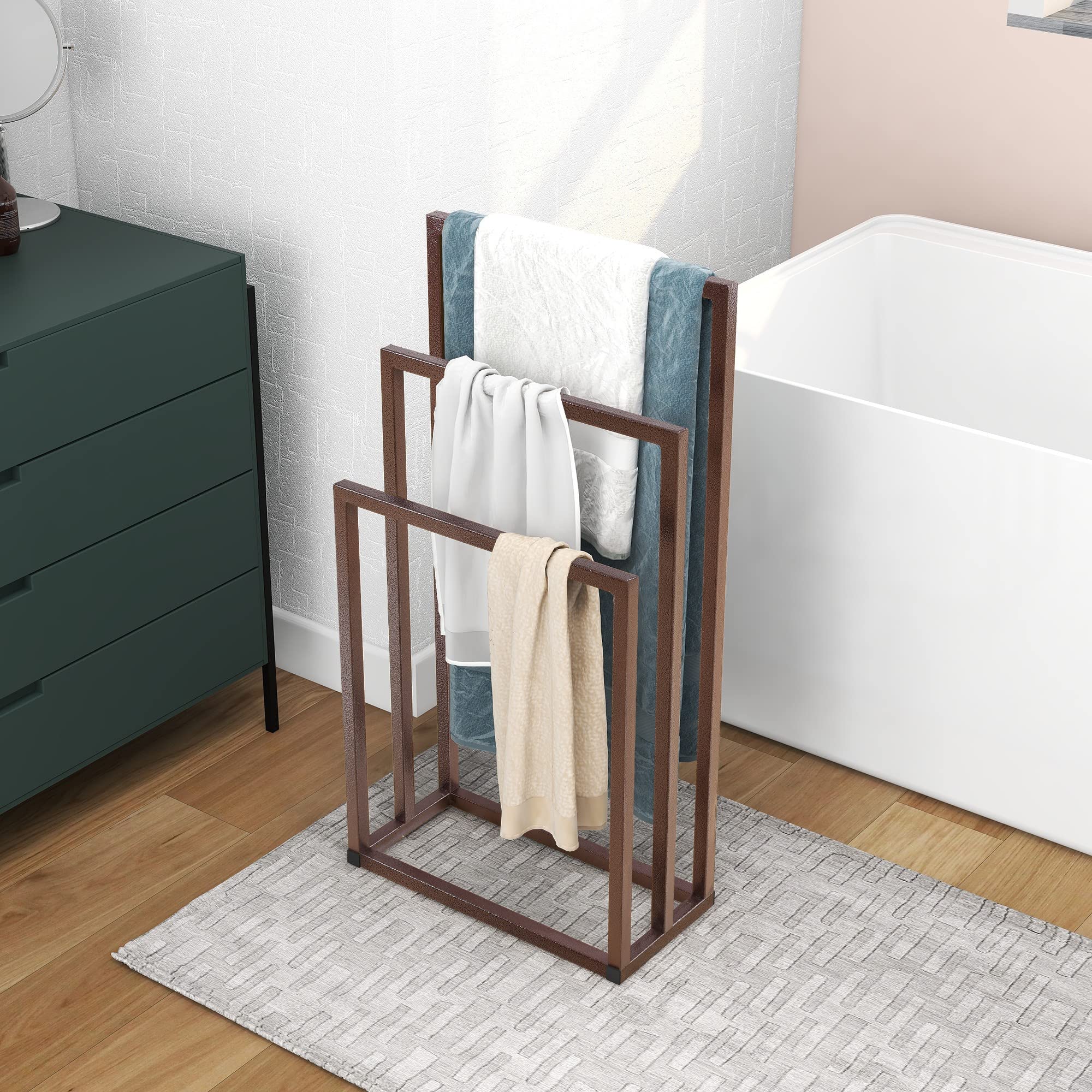 OOTDxvv 3-Tier Freestanding Metal Towel Rack - Bathroom Organizer with 3 Bars for Hand Towels & Washcloths | Space-Saving Drying Shelf for Bathroom, Laundry Room or Kitchen (Brown)