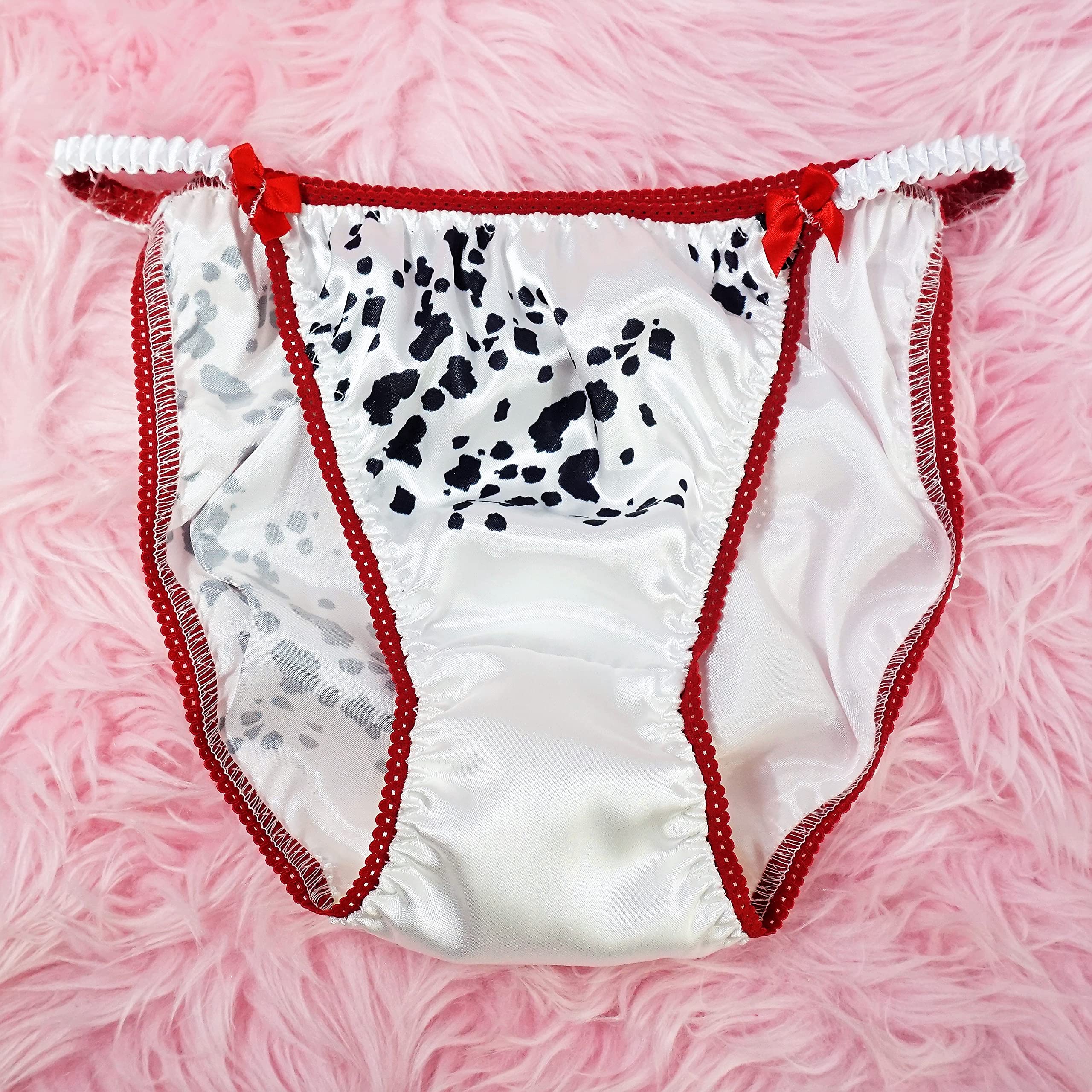 Lace Duchess Sissy Panties - Dalmatian Print Unisex String Bikini Underwear for Men & Women - Shiny Comfortable Panty Set (5-8 Size, Men's 5) - Perfect for Crossdressing, Cosplay & Sensual Wear