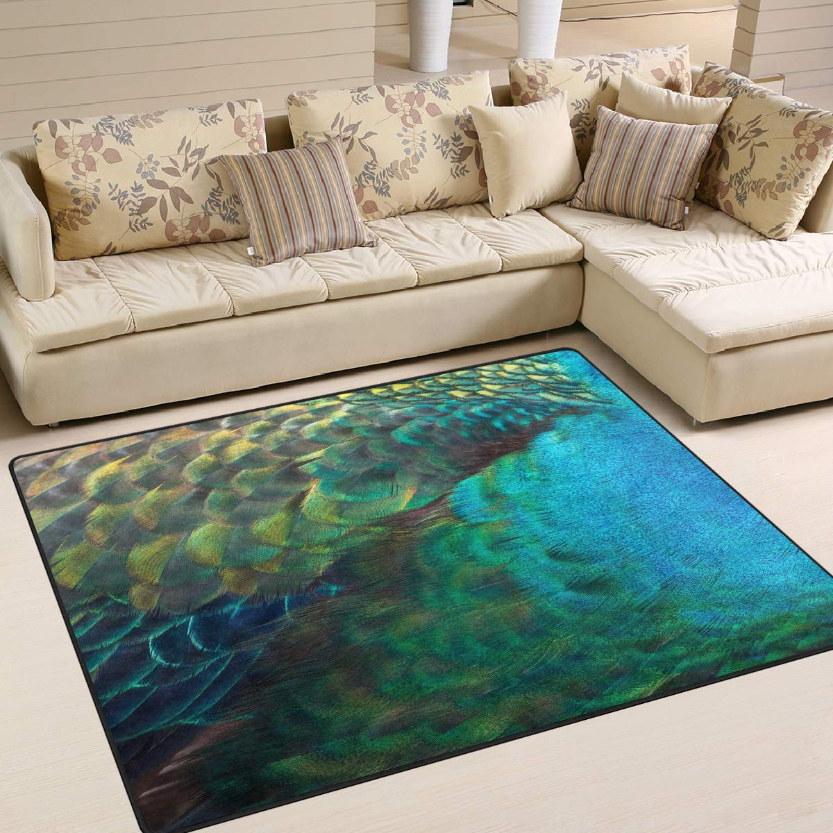 ALAZA 7' x 5' Abstract Peacock Feather Oil Painting Area Rug - Non-Slip Living Room Bedroom Rug for Home Decor, Boho Chic Style | Perfect for Bohemian Decor, Dorm Room, Office & Nursery