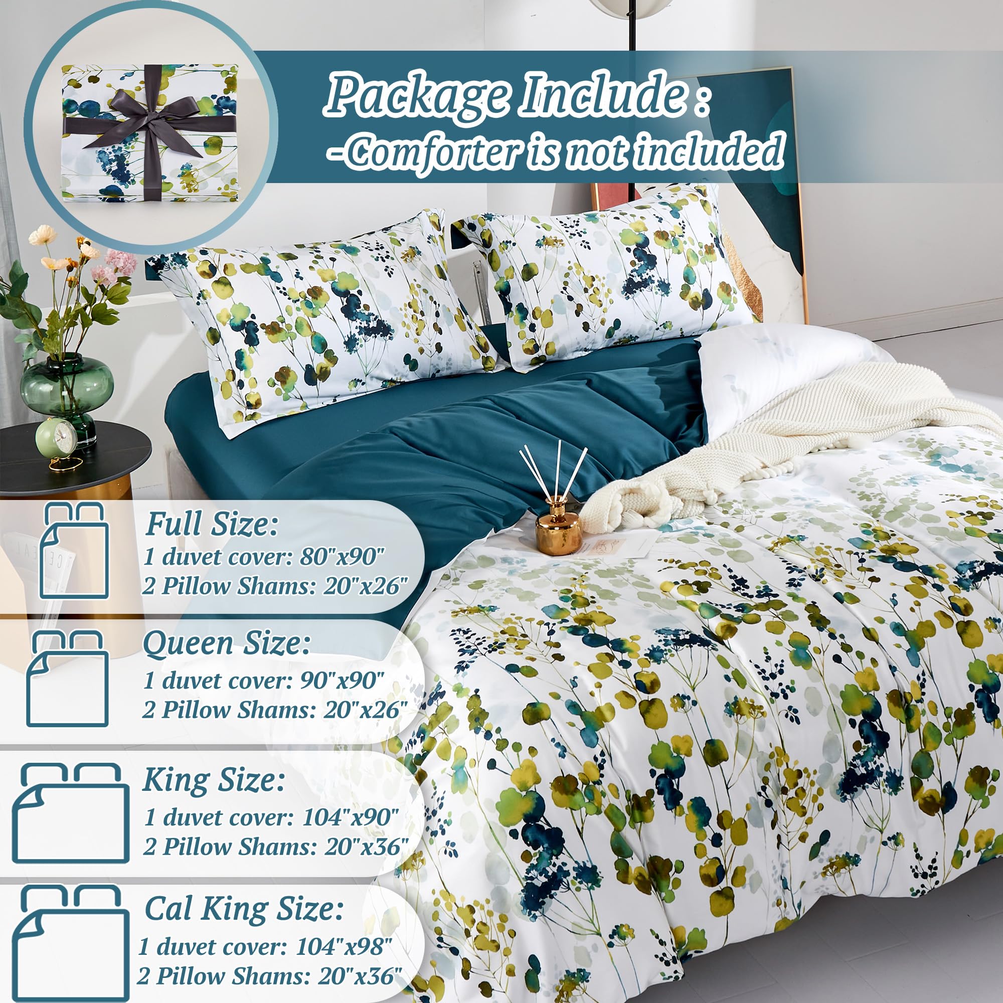 100% Long Staple Cotton 3-Piece Queen Duvet Cover Set - Ultra Soft Yellow Green Leaves Print Autumn Bedding | Cozy Fall Bedroom Decor for Guest Rooms & Master Suites