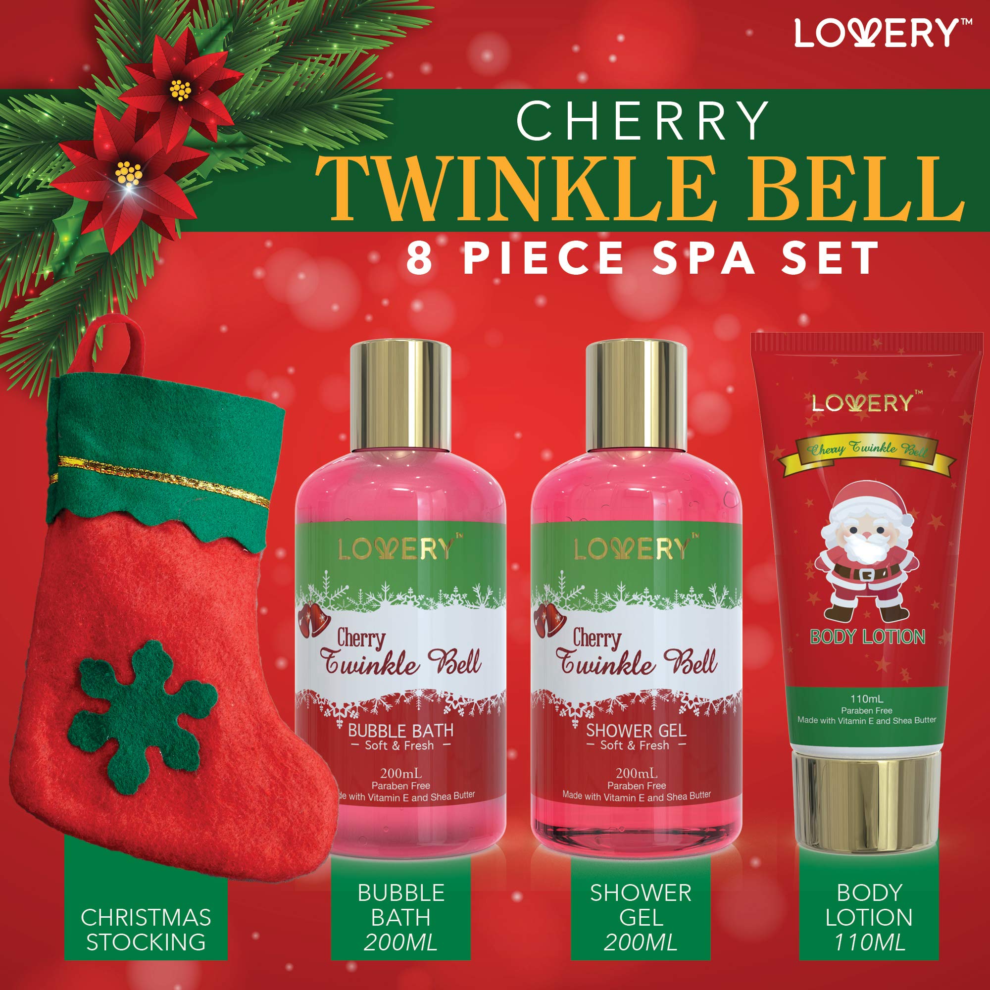 Luxury Cherry Twinkle Bell Christmas Spa Gift Set for Women & Men - Fragrant Body Lotion, Bath Salts, Loofah Scrubber | Perfect Holiday Stocking Stuffer & Relaxing Home Spa Experience