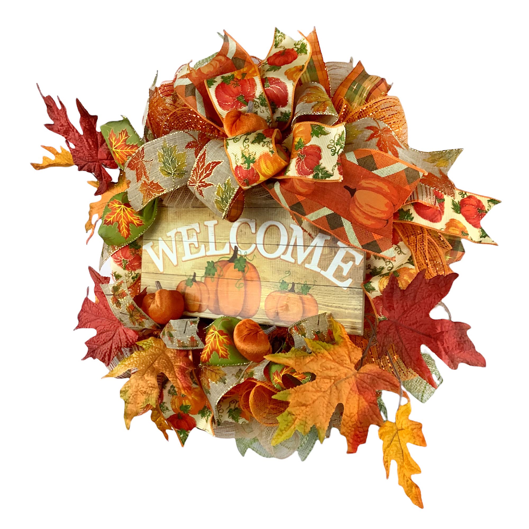 Handmade Autumn Wreath with Velvet Pumpkins & Fall Leaves - Rustic Front Door Decor for Thanksgiving, Halloween & Seasonal Home Decoration