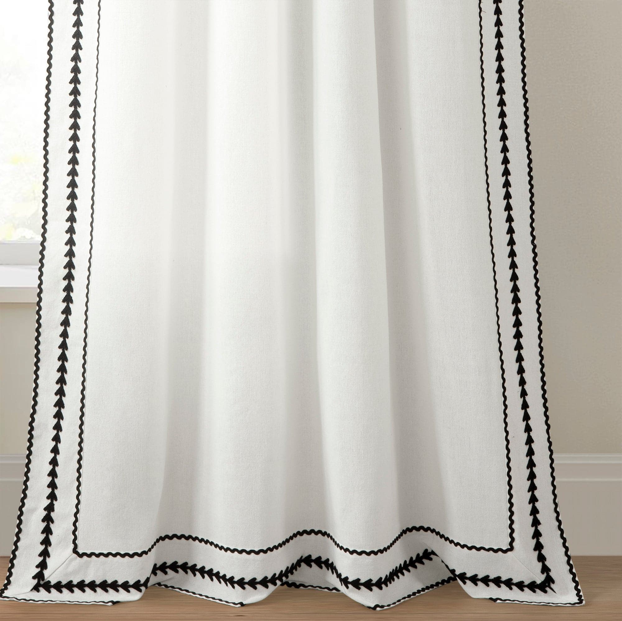 Olivia Ric Rac Embroidery Border Window Curtain Panel - Elegant Lace Trimmed Drapes for Living Room, Bedroom & Kitchen Decor