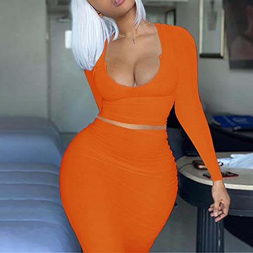 Sexy Women's Two Piece Skirt Outfit - Long Sleeve/Sleeveless V Neck Bodycon Ribbed Knit Maxi Dress for Club, Party & Night Out