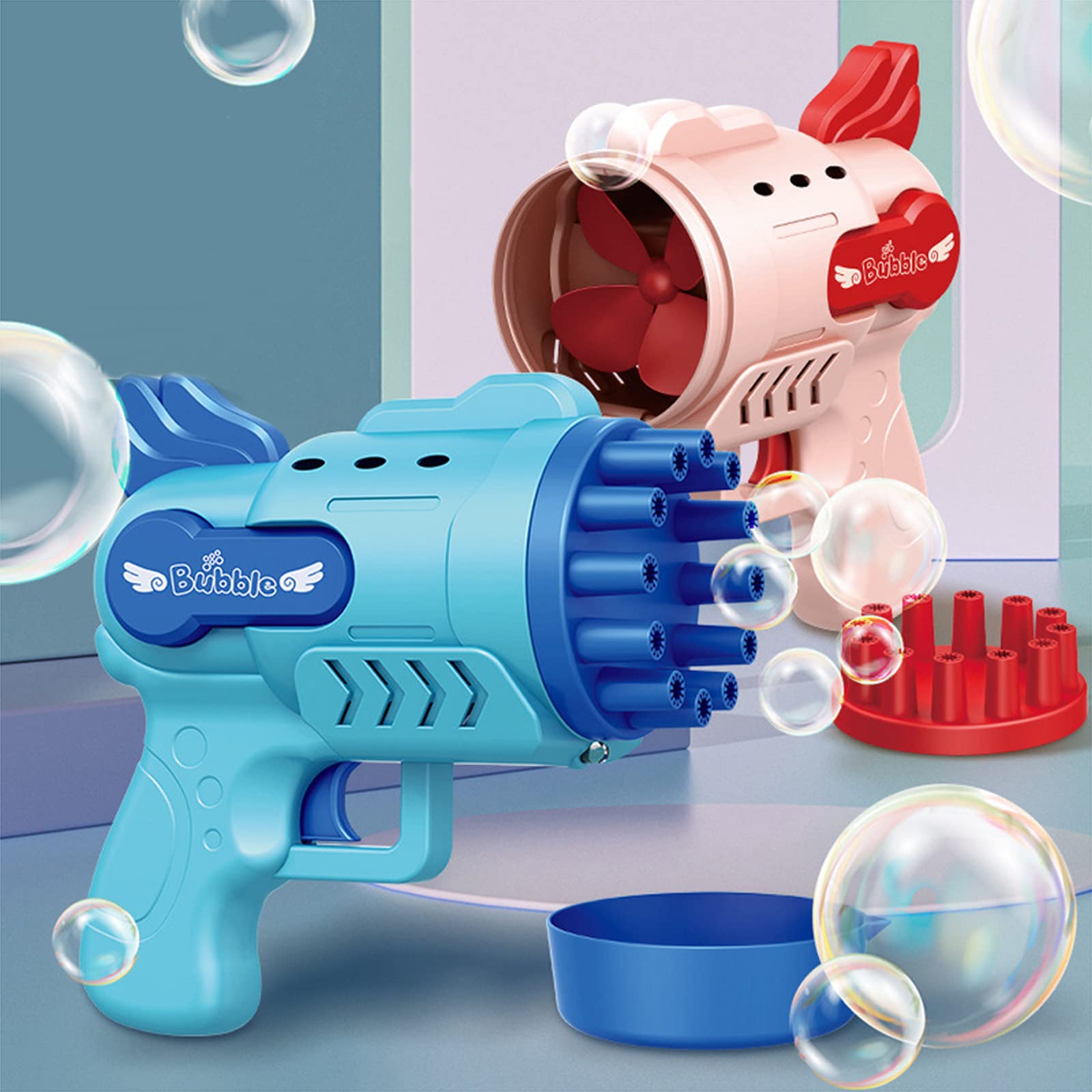 2 Pack Bubble Guns with LED Lights & 12 Holes - 2022 Upgraded Bubble Blower Machine for Kids and Adults - Outdoor Summer Party Favors with 2 Bottles Bubble Solution - Perfect for Birthday Parties, Beach Fun, and Backyard Playtime