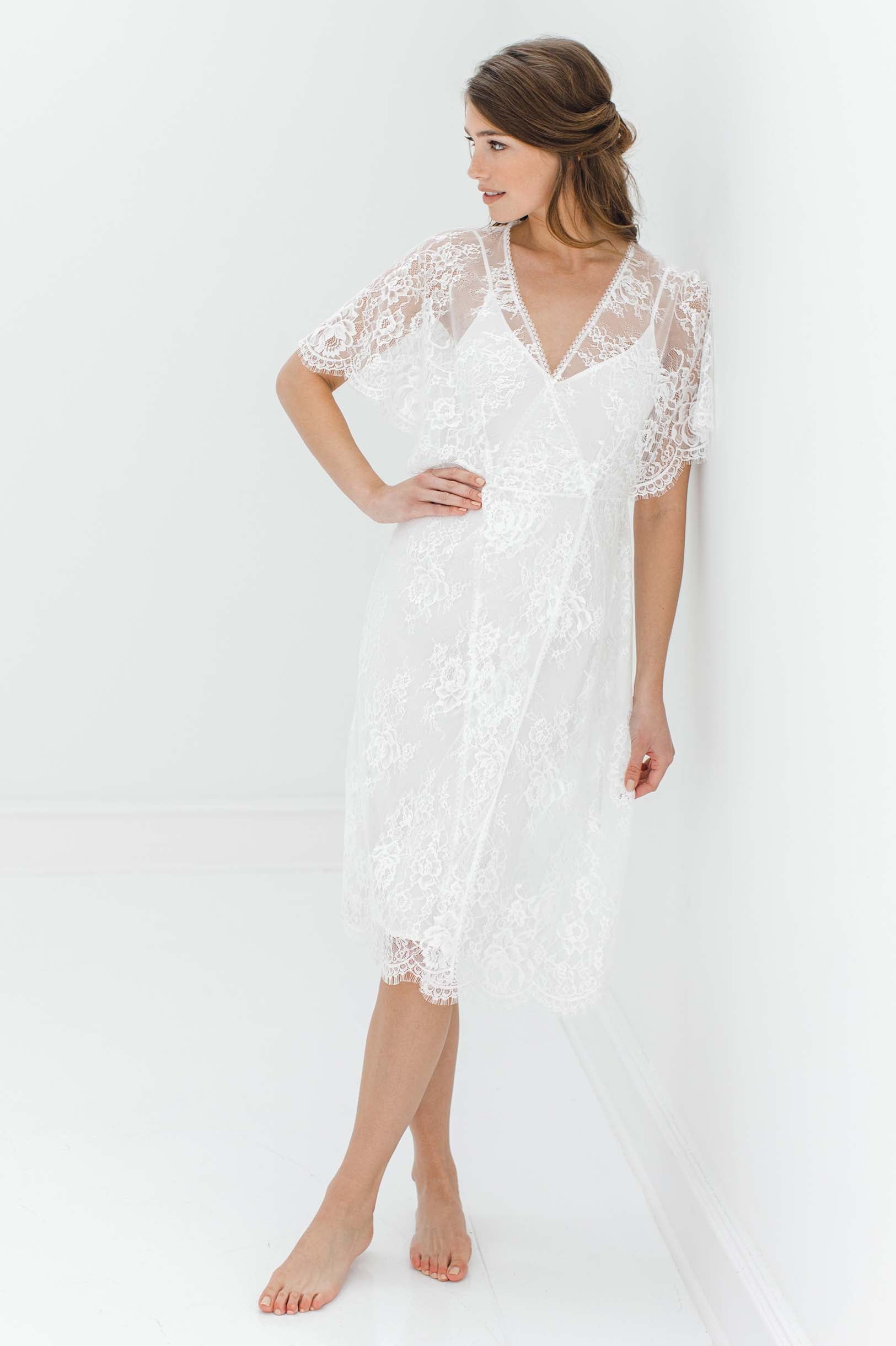 Anita Midi Lace Robe with Flutter Kimono Sleeves - Elegant Ivory Bridal Lingerie for Wedding Night, Honeymoon & Boudoir Photography