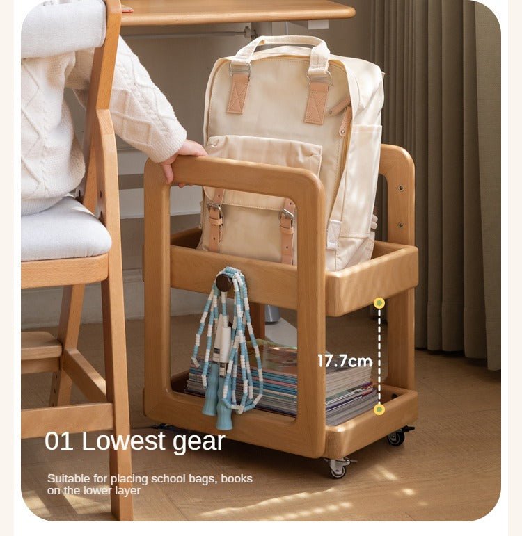 Solid Wood Beech & Rubber Kids Under Desk Mobile Storage Rack - Modern Organizer for Toys, Books & School Supplies in Bedroom or Playroom