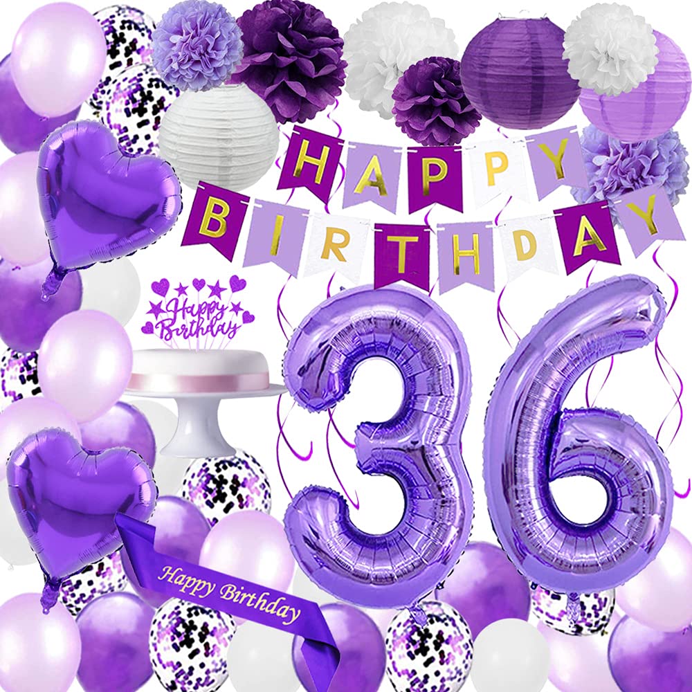 36th Birthday Party Decorations Set - Purple Happy Birthday Banner, Sash, Cake Topper, Number 36, Confetti & Balloons for 36 Years Old Celebration - Perfect for Adult Birthday Parties, Milestone Events & Surprise Decorations