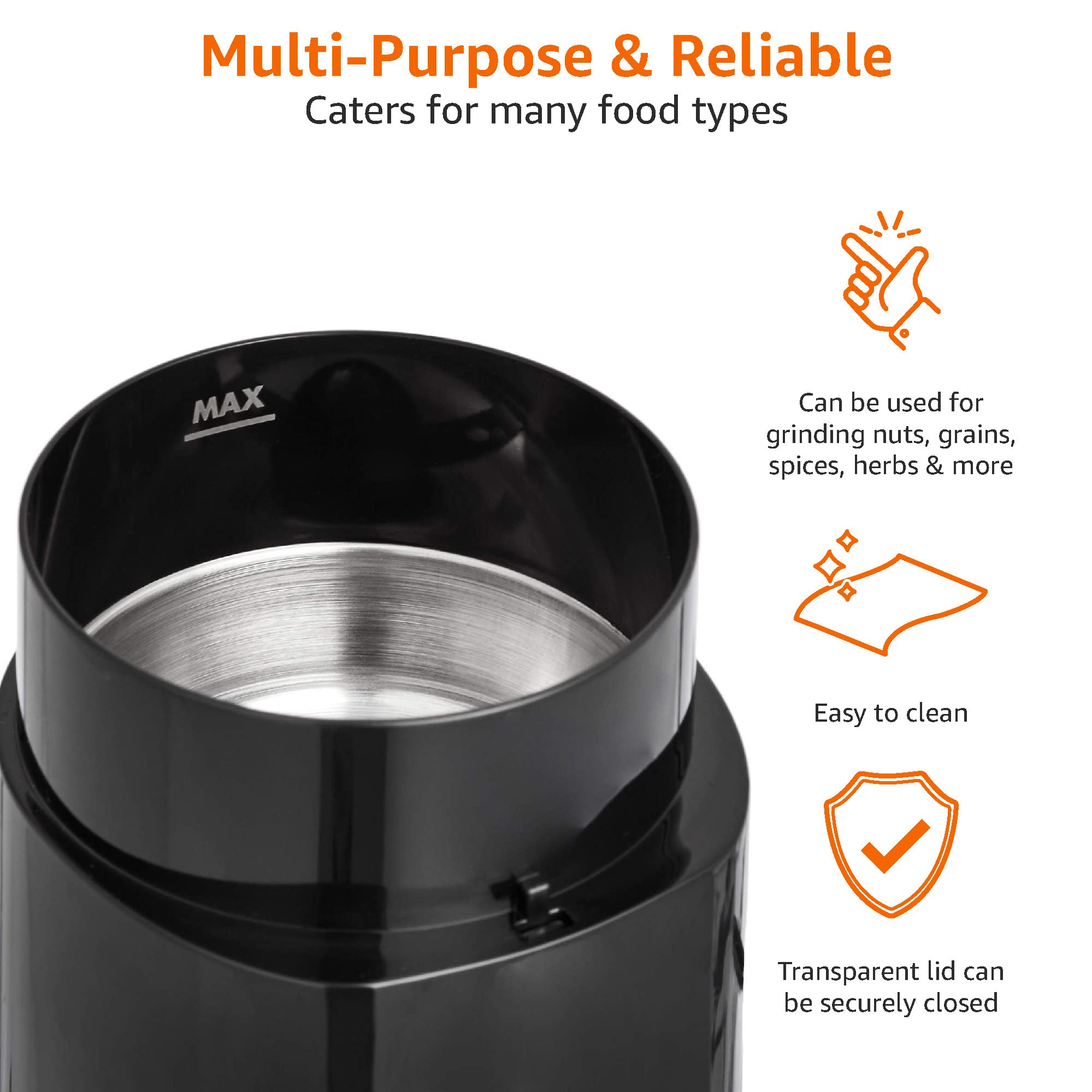 Amazon Basics Electric Coffee Grinder - Black | Freshly Ground Coffee for Espresso, Drip, French Press & More | Compact & Quiet Design for Home or Office Use