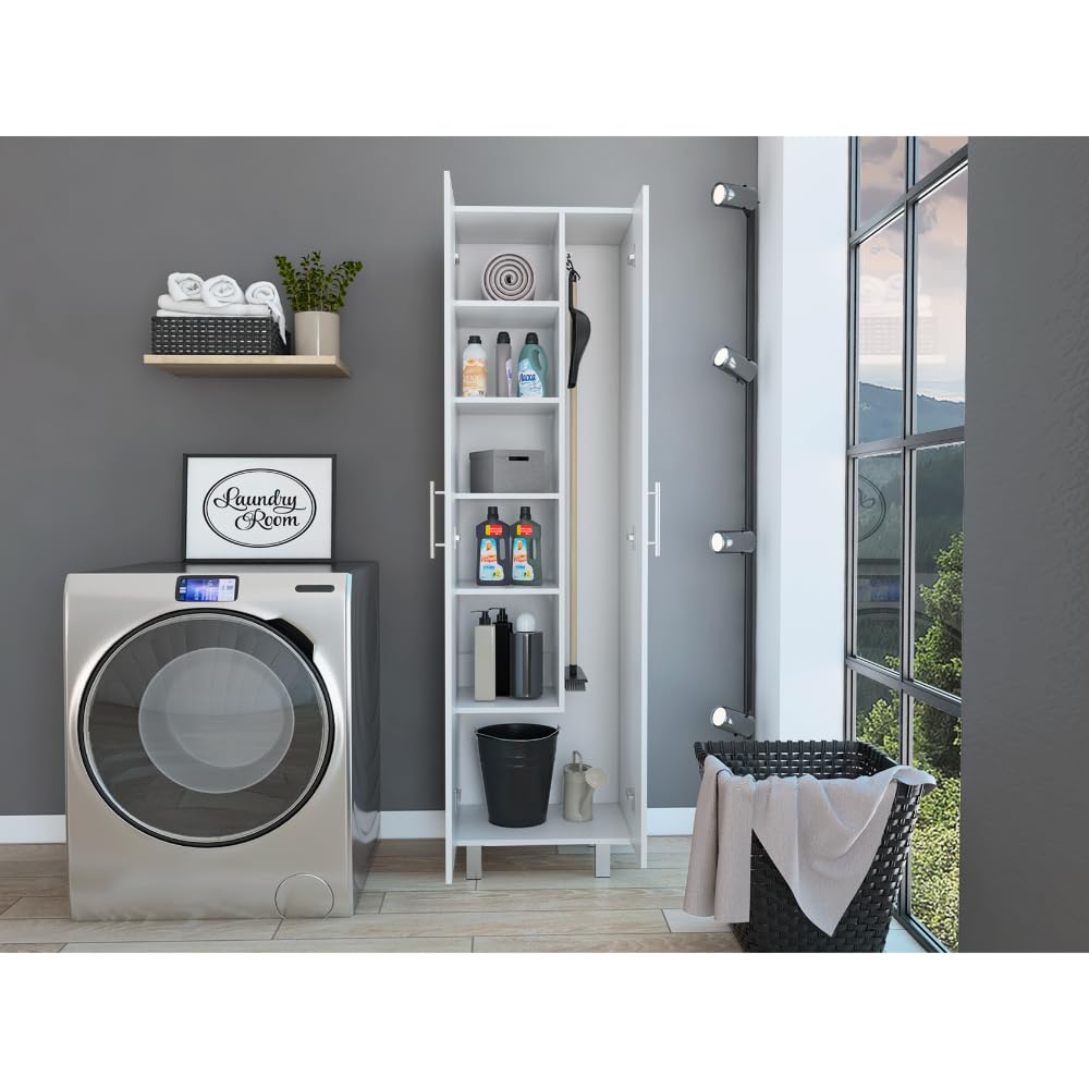 TUHOME Nala White Double Door Cleaning Cabinet with 5 Shelves & 4 Legs - Perfect for Bathroom, Kitchen, Laundry Room & Garage Storage Organization
