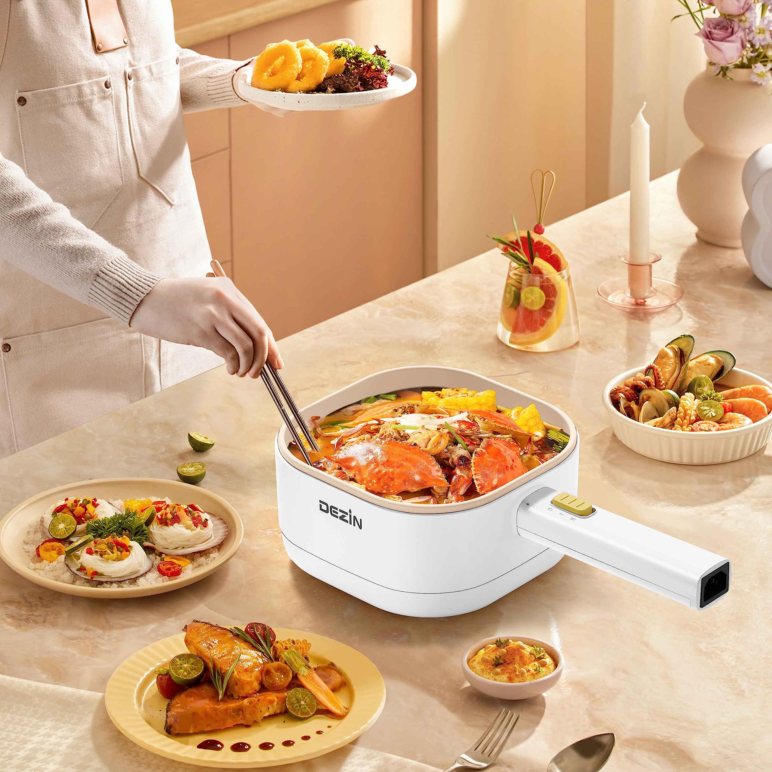 Electric Hot Pot with Steamer - 2L Non-Stick Multi-Cooker for Ramen, Soup & Oatmeal | Portable Induction Cooker with Adjustable Temperature for Dorm, Office & Travel | Perfect for Quick Meals, Camping & Small Spaces (Includes Silicone Spatula)