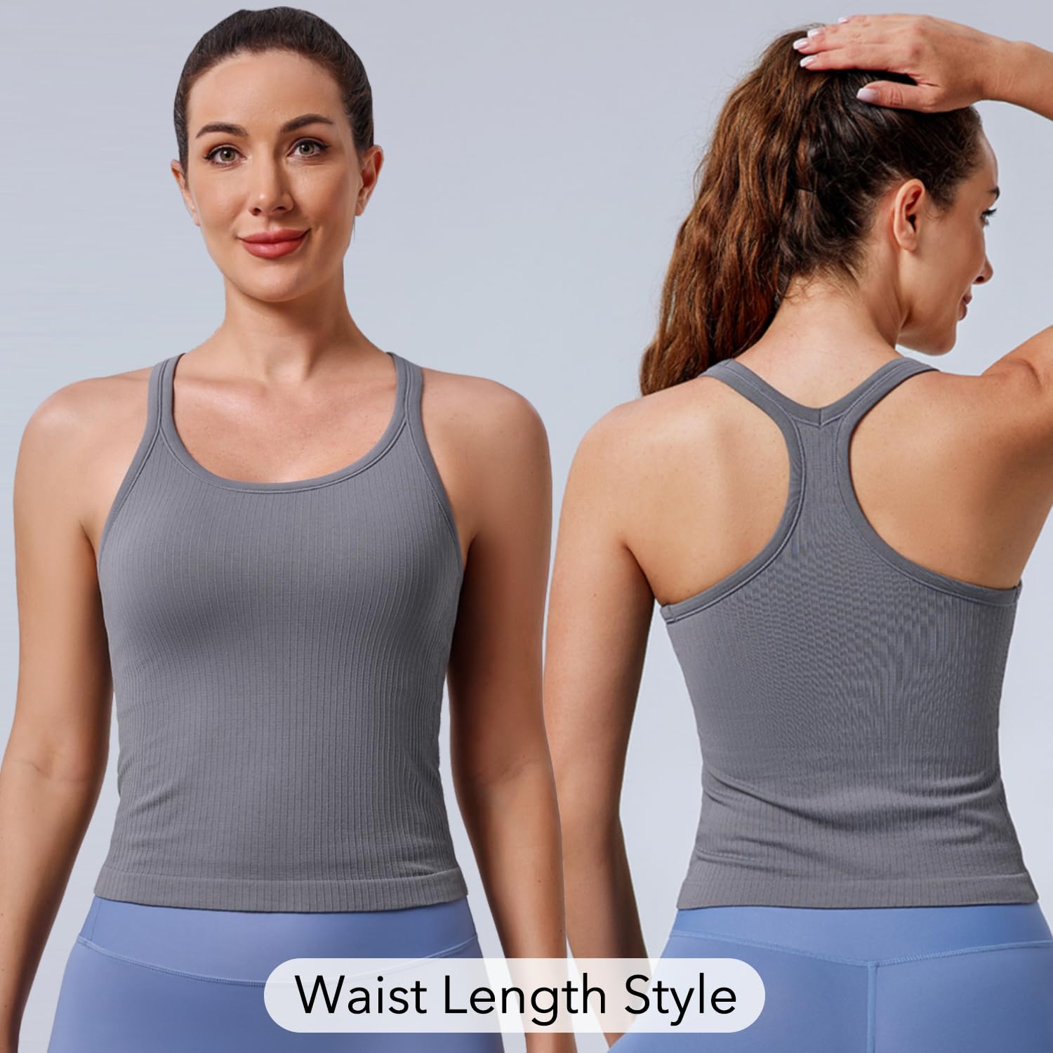 Evercute Women's 1/2/3 Pack Ribbed Workout Tank Tops with Built-in Bra - Racerback Seamless Crop Camisole for Yoga, Gym & Running | Breathable Sports Tanks for Women