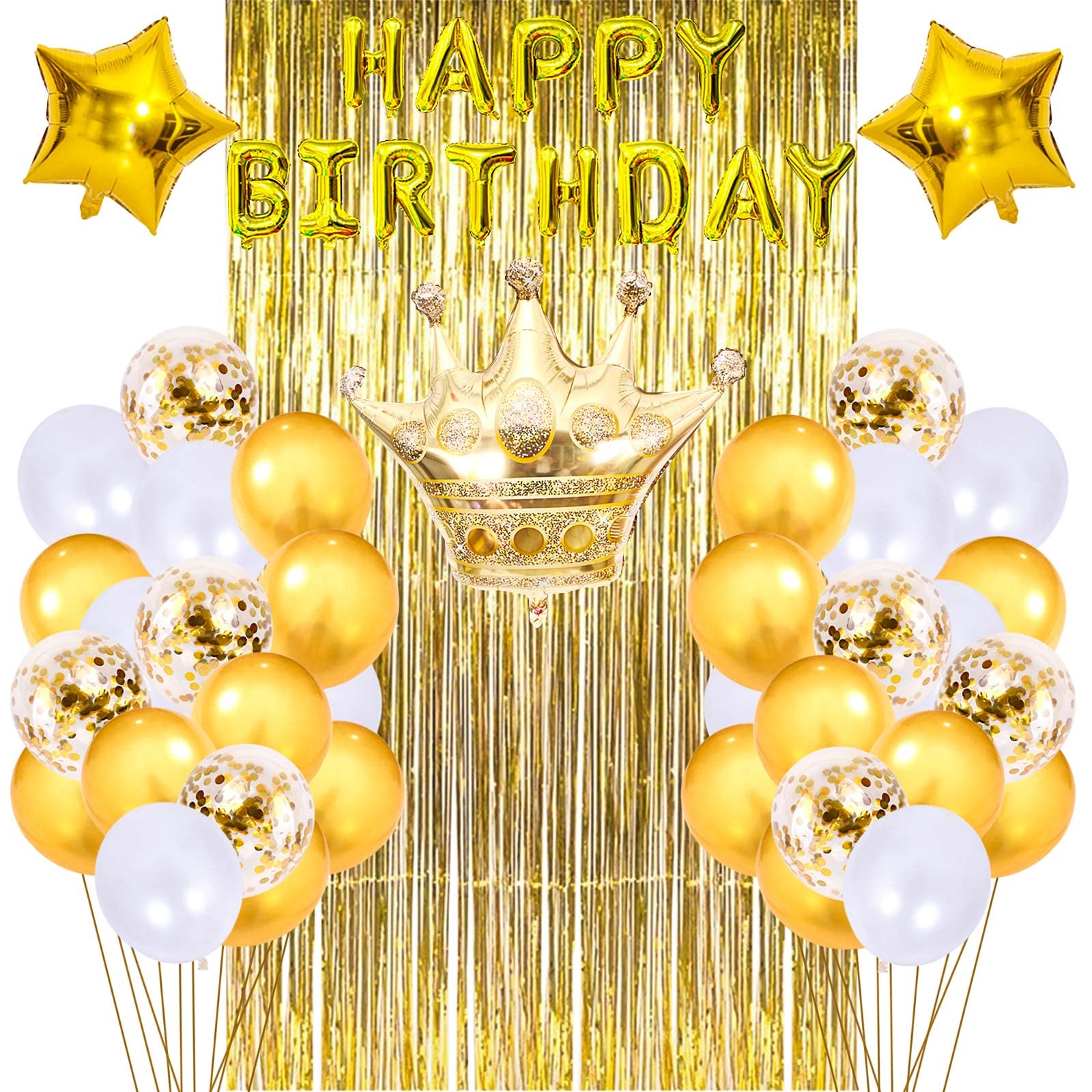 Gold Birthday Party Decorations Kit - Happy Birthday Banner, Crown Balloon, Gold Fringe Curtain, Star Balloons & Confetti Balloons for Boys & Girls Birthday Party Supplies - Perfect for Indoor & Outdoor Celebrations, Baby Showers & Anniversary Parties