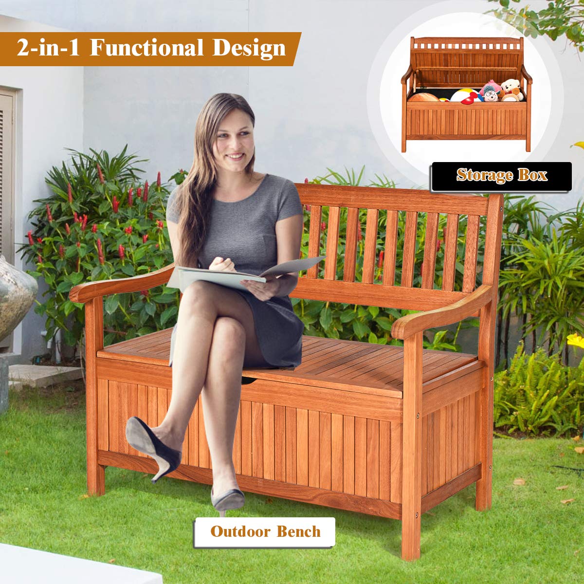 BETTARY 53 Gal Weatherproof Wooden Outdoor Storage Bench with Waterproof Liner & Armrests - Patio, Garden, Deck, Porch & Balcony Furniture for Outdoor Seating and Storage