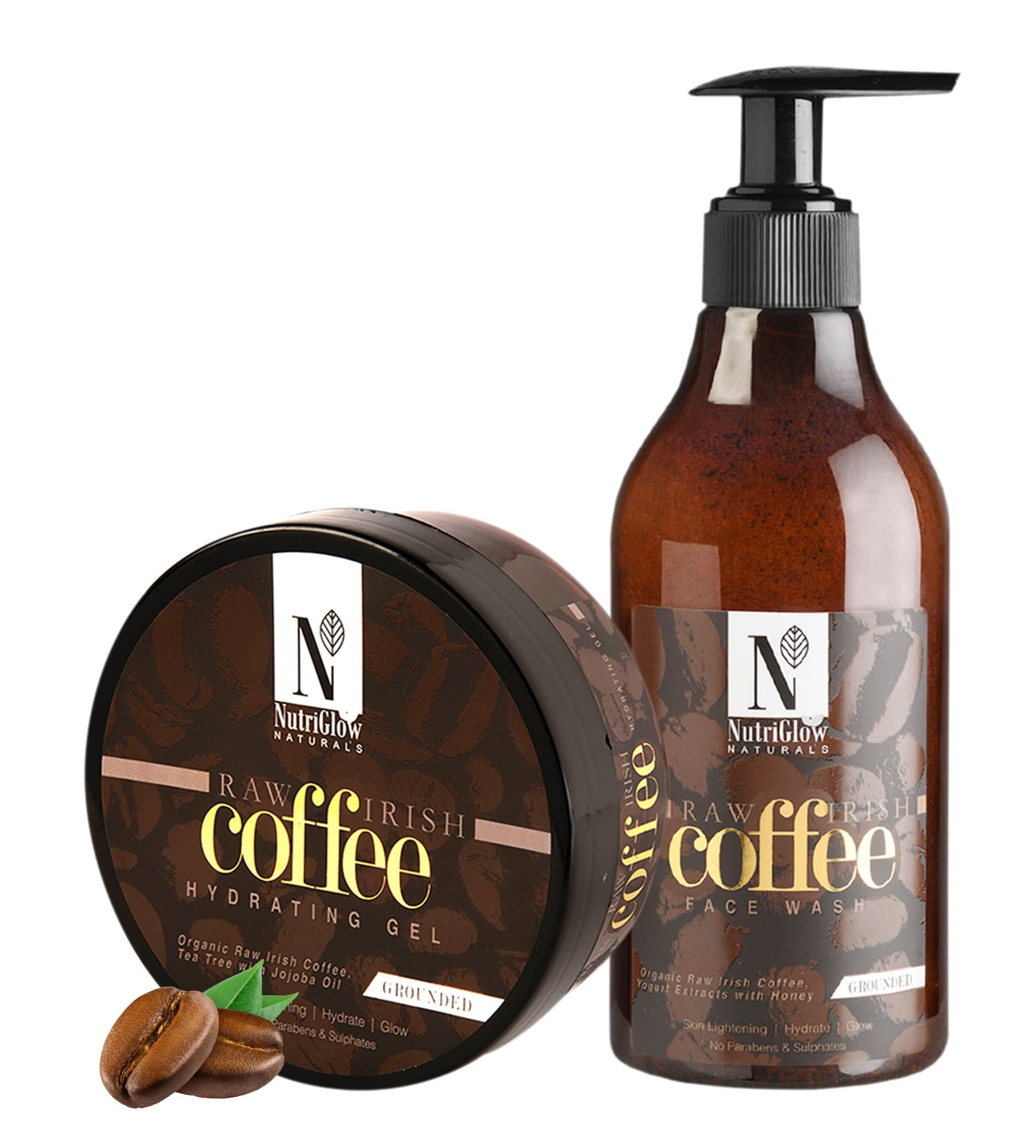 NutriGlow NATURAL'S Raw Irish Coffee Hydrating Gel (200g) & Face Wash (300ml) Set - Sulfate-Free Skincare for Hydration & Brightening | Daily Moisturizing Routine for Dry & Dull Skin