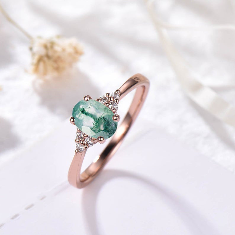 Natural Moss Agate Rose Gold Wedding Band for Women - Elegant Oval Engagement Ring & Anniversary Jewelry Gift for Brides, Wives & Couples (Perfect for Weddings, Proposals & Romantic Occasions)