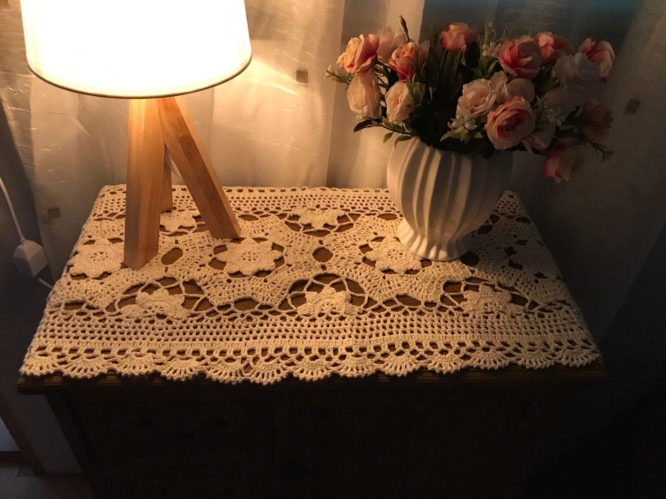 Handmade Crochet Lace Table Runner - 15x20 Inch Rectangular Cotton Doily for Dining Table, Dresser, or Wedding Decor (Beige) | Elegant Home & Party Decoration