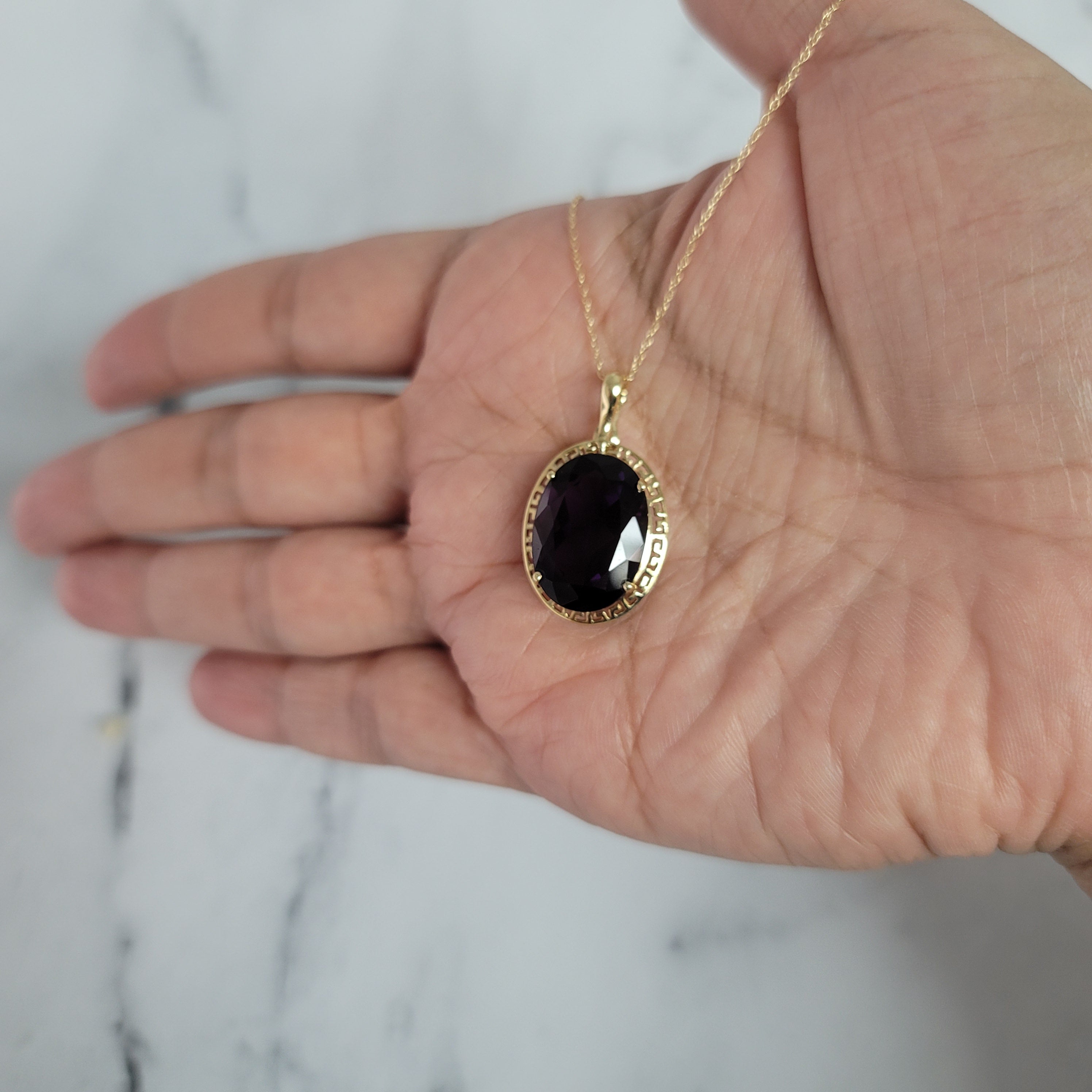 Large Oval Amethyst Necklace with Greek Key Bezel - Elegant Purple Gemstone Jewelry for Women - Perfect for Weddings, Parties & Special Occasions