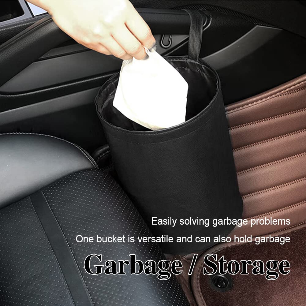 Collapsible Waterproof PU Leather Car Trash Can - Portable Pop Up Car Garbage Bin for SUV, Truck & Vehicle - Multipurpose Auto Interior Accessories for Road Trips, Commuting & Family Travel (Black)