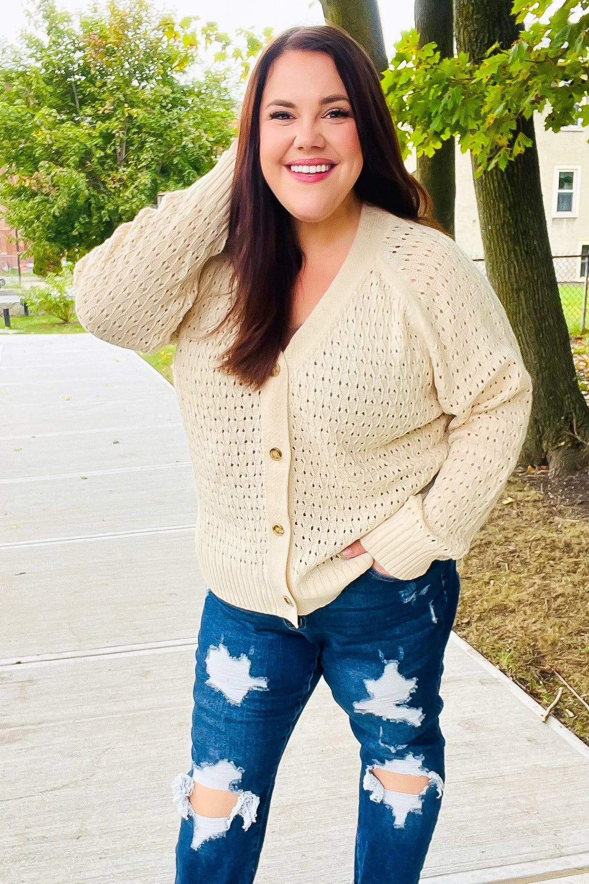 Follow Me Oatmeal Pointelle Knit Button Down Cardigan - Cozy Women's Sweater for Fall & Winter | Perfect for Office, Date Night & Casual Outfits
