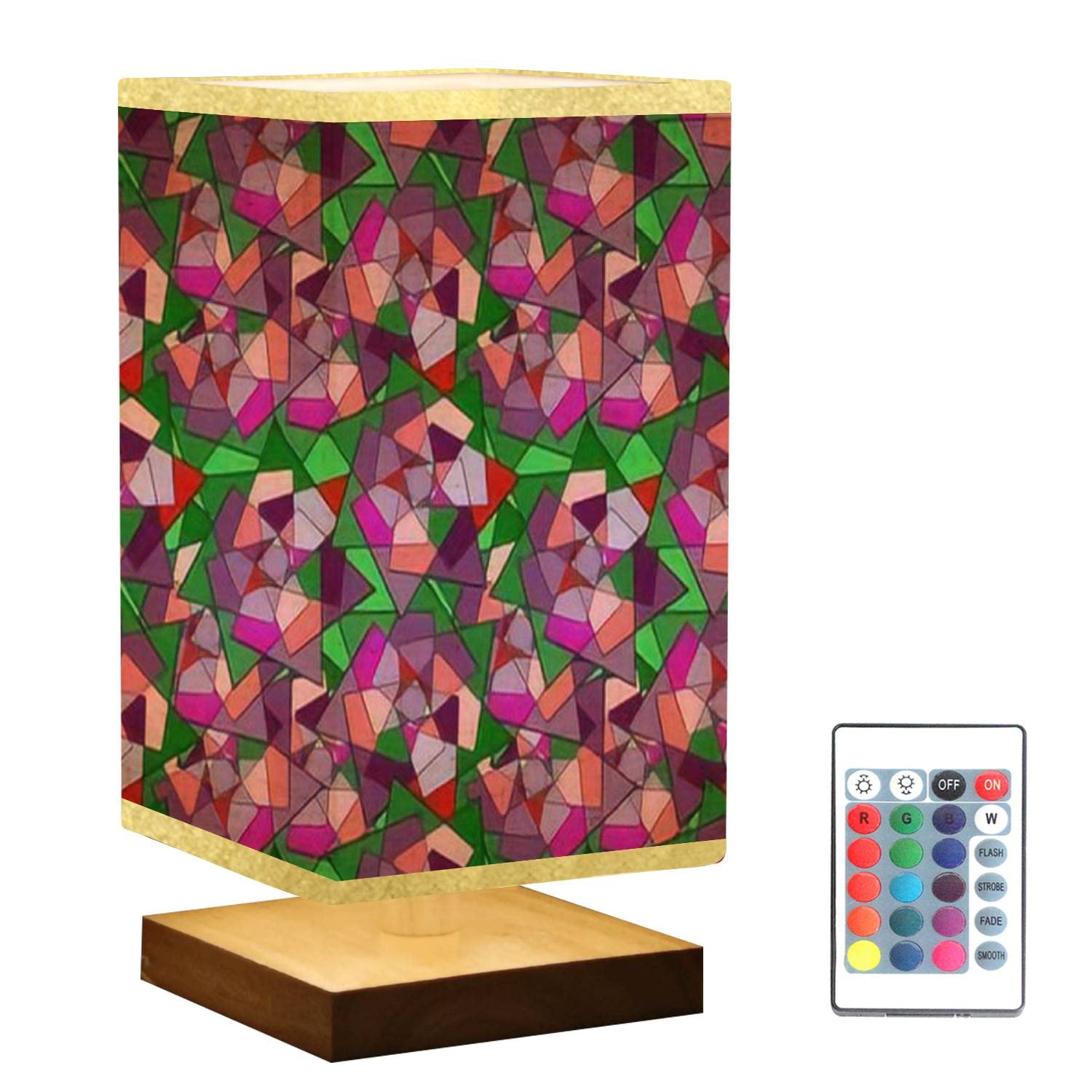 Abstract Mosaic Stained Glass Square Bedside Lamp with Wooden Base & Flaxen Fabric Shade - Dimmable Nightstand Lighting for Bedroom, Living Room, Office - Perfect for Reading, Relaxation & Home Decor