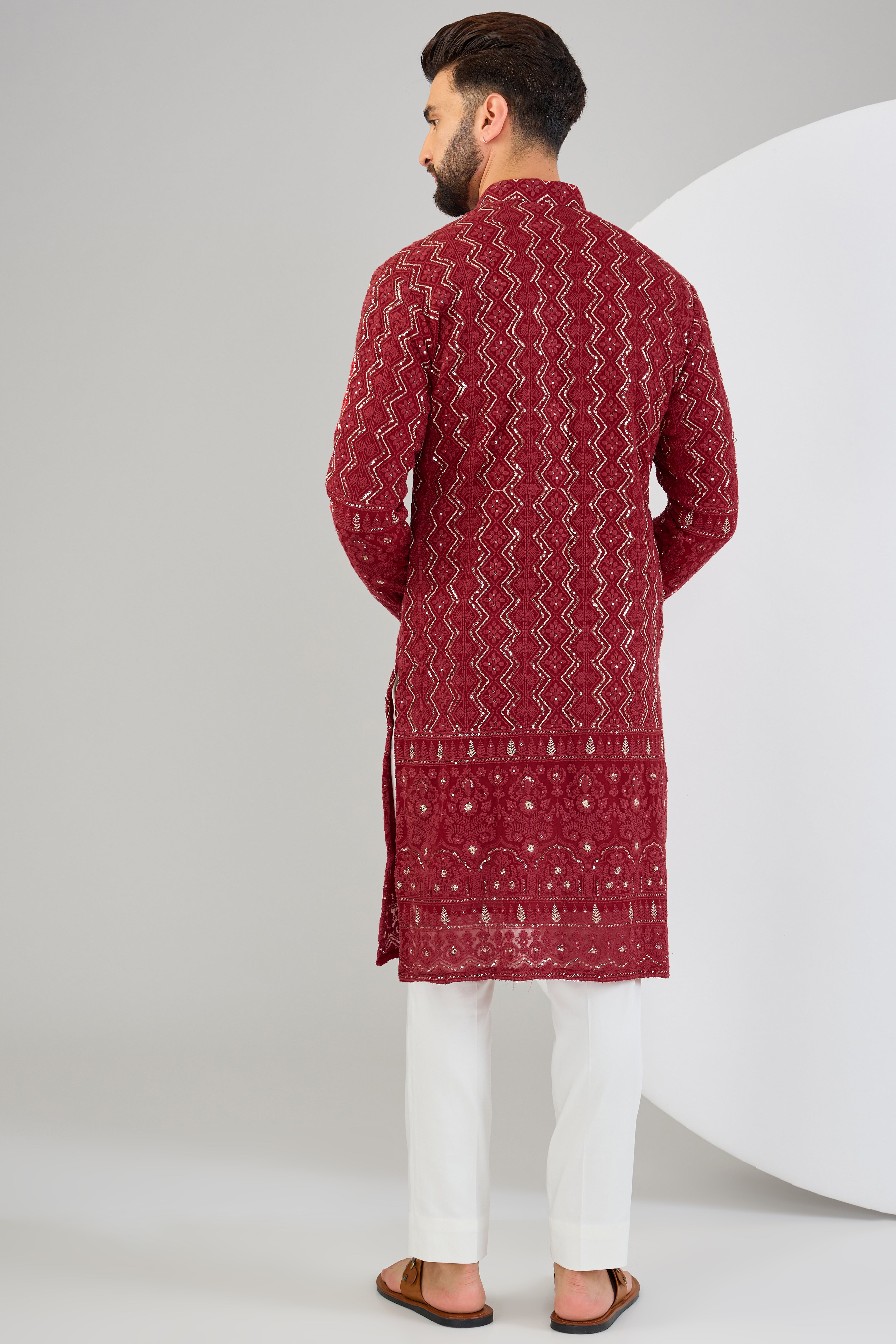 Exquisite Red Chikankari Kurta with Intricate Sequin & Zari Embellishment - Elegant Indian Traditional Wear for Festivals, Weddings & Special Occasions