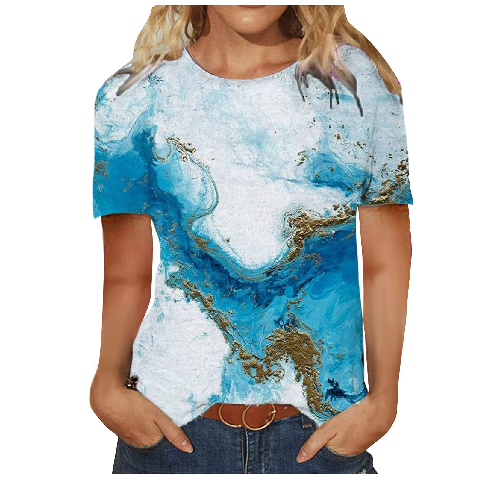 SNKSDGM Women's 3/4 Sleeve Vintage Floral Print Round Neck Casual Loose Fit T-Shirt - Perfect for Holiday, Beach, and Everyday Wear