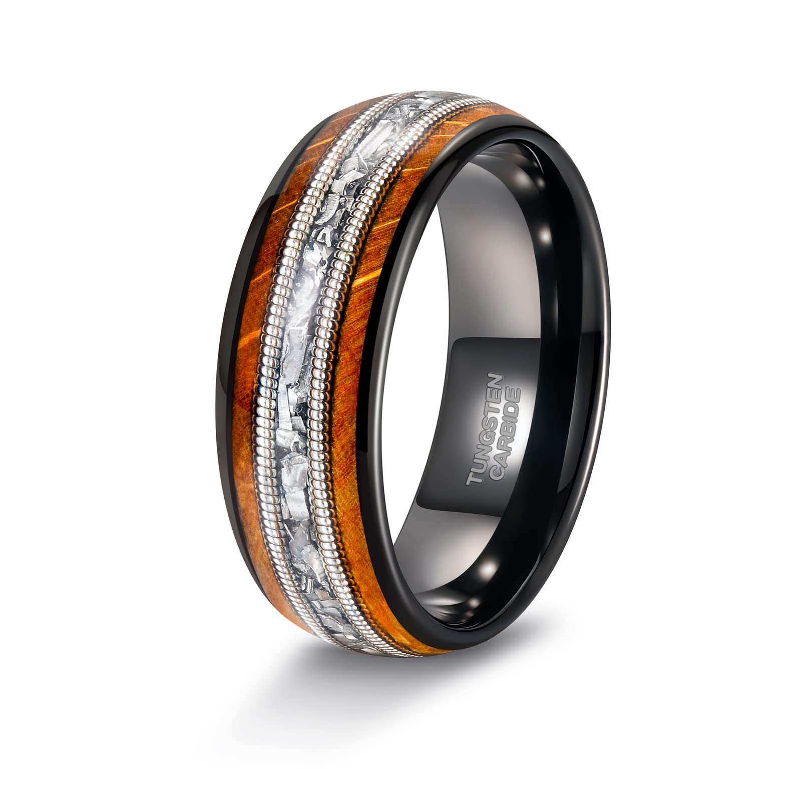 TRUMIUM 8mm Tungsten Wedding Band for Men & Women - Whiskey Wood Guitar String Design, Black Comfort Fit Ring Size 6-13 - Perfect for Anniversaries & Engagements