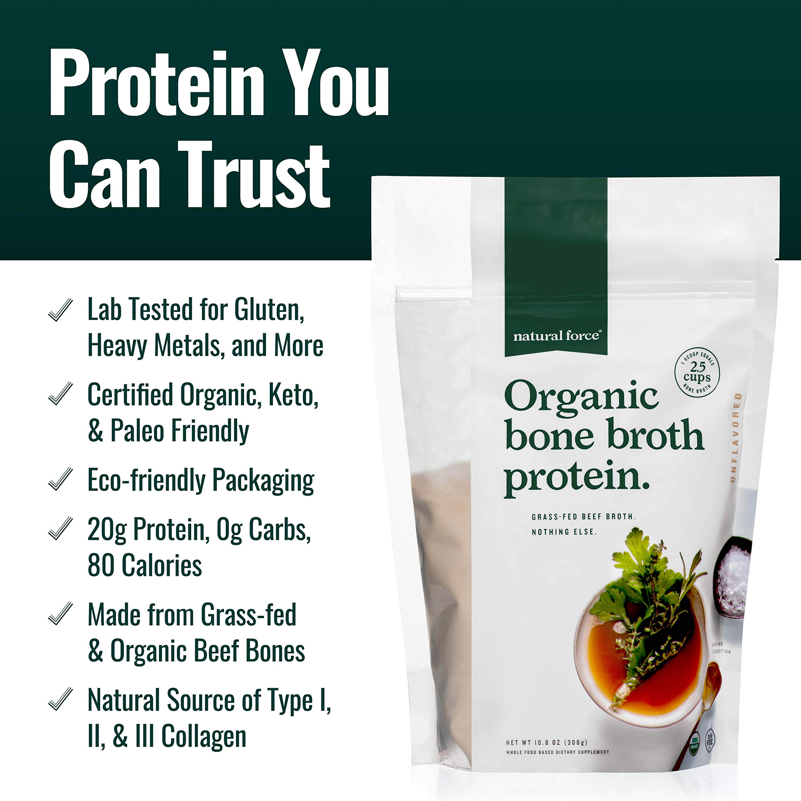 Pure Organic Bone Broth Protein Powder - Grass-Fed, Keto Certified with Types I, II & III Collagen | Unflavored Supplement for Soups, Cooking & Healthy Lifestyle | 10.8 oz