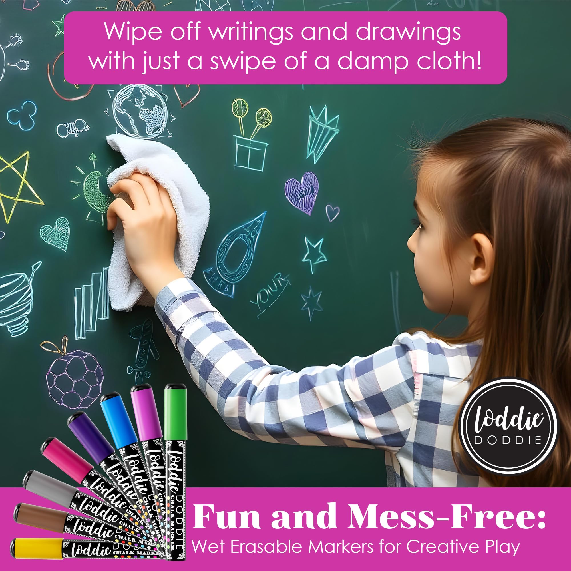 Loddie Doddie Metallic Liquid Chalk Markers - 8 Pack with 6mm Reversible Chisel & Bullet Tips - Erasable Chalk Pens for Chalkboards, Whiteboards, Glass & Windows - Perfect for Restaurants, Classrooms, Events & DIY Crafts
