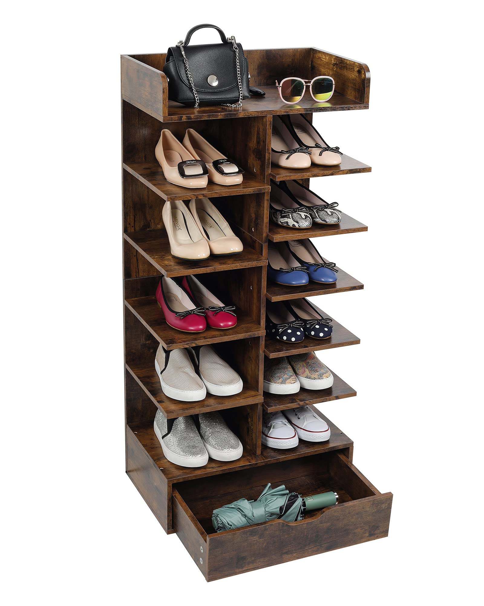6-Tier Wooden Shoe Rack Organizer with Drawer - Free Standing Entryway Shoe Storage Tower for Closet, Bedroom & Hallway - Antique Brown Shoe Shelf for Home Organization