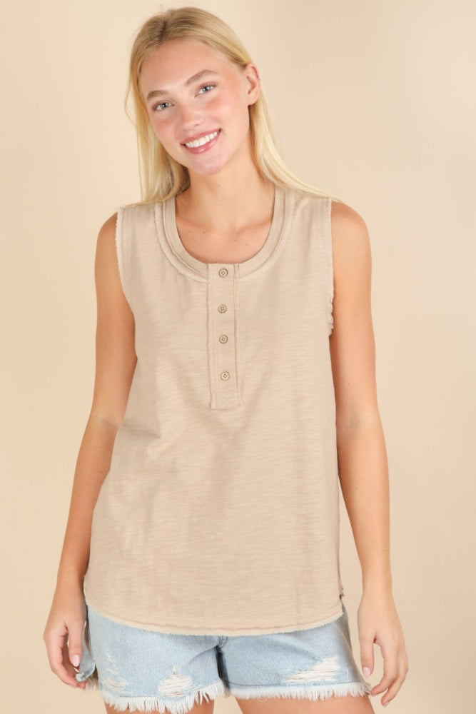Beige Raw Hem Button Detail Sleeveless Maternity Top for Women - Comfortable Pregnancy Blouse for Casual Wear & Nursing
