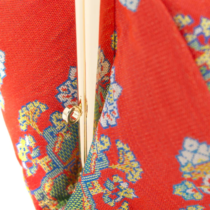 Japanese Nishijin Silk Small Pouch - Floral Red Kyoto Handmade Cosmetic & Makeup Bag | Traditional Gamaguchi Pouch for Travel Toiletry, Stationery & Bag Organizer | Perfect for Daily Use, Gift Giving & Japanese Culture Lovers